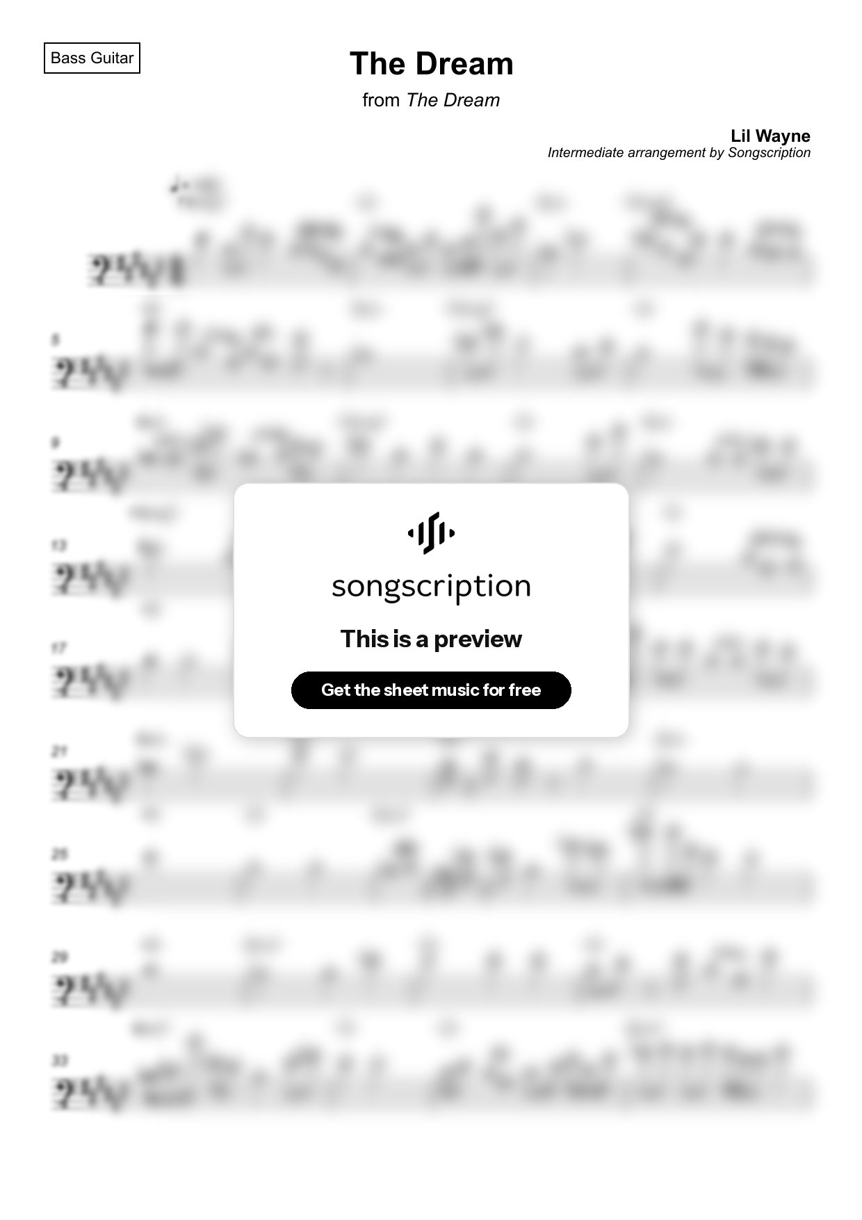 Intermediate Bass Guitar Sheet Music for "The Dream" by Lil Wayne
