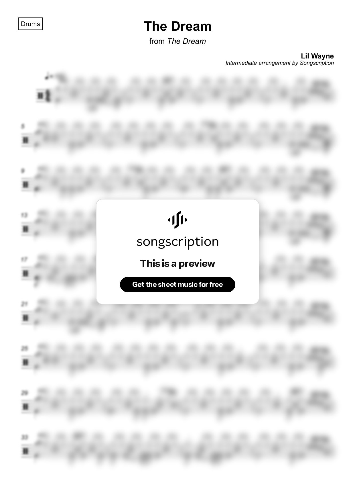 Intermediate Drums Sheet Music for "The Dream" by Lil Wayne