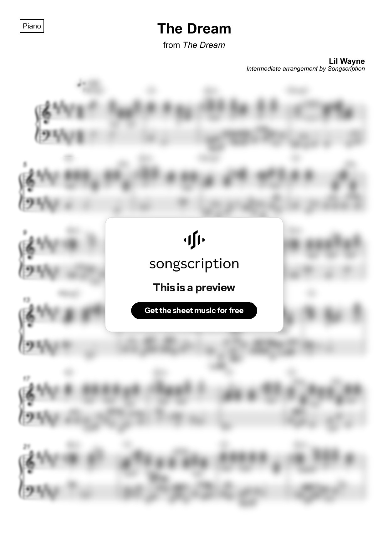 Intermediate Piano Sheet Music for "The Dream" by Lil Wayne