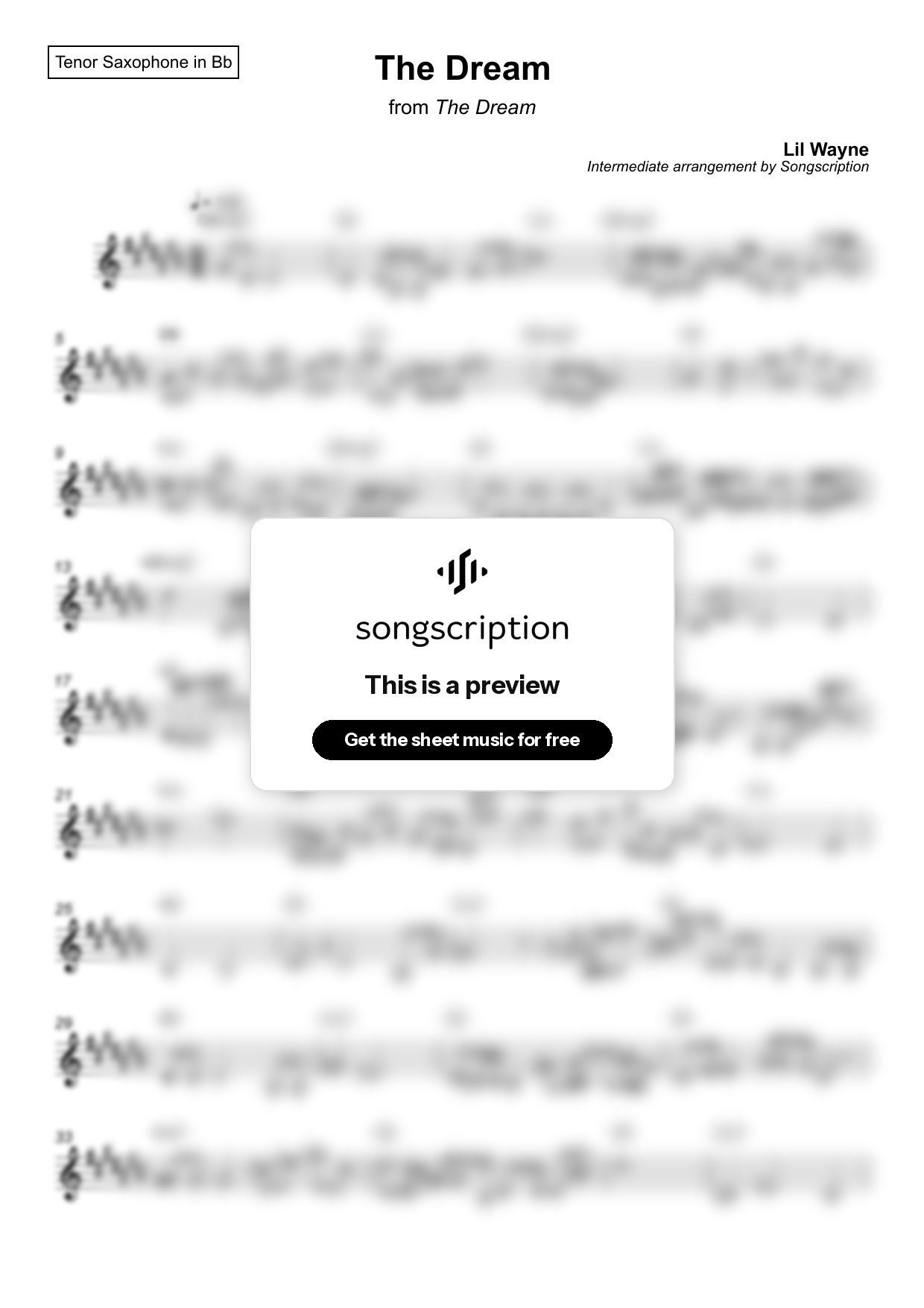 Intermediate Tenor Sax Sheet Music for "The Dream" by Lil Wayne