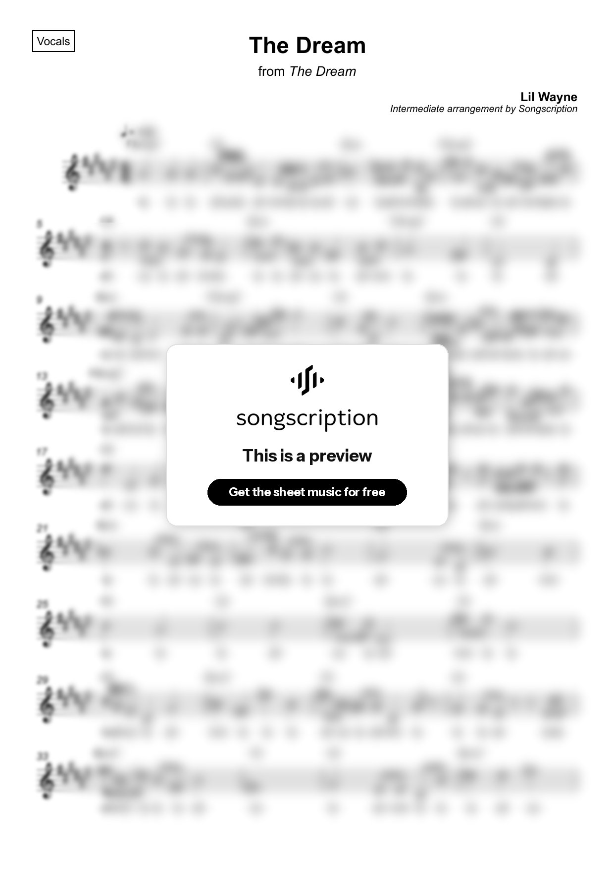 Intermediate Vocals Sheet Music for "The Dream" by Lil Wayne