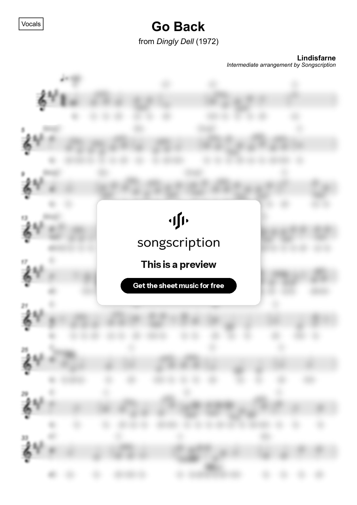Intermediate Vocals Sheet Music for "Go Back" by Lindisfarne