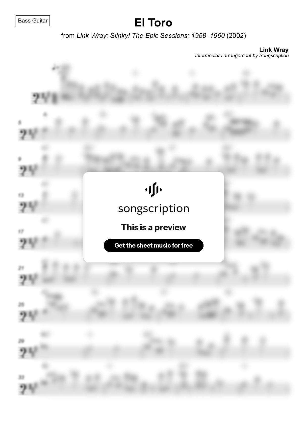 Intermediate Bass Guitar Sheet Music for "El Toro" by Link Wray