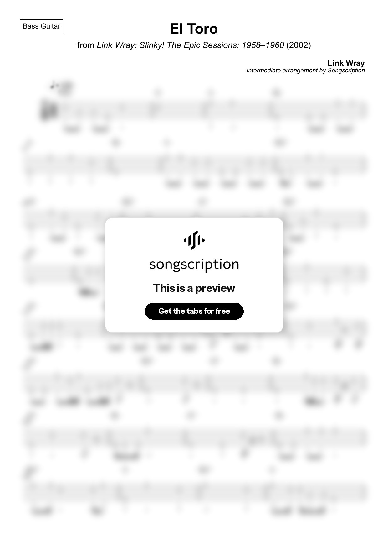 Intermediate Bass Guitar Tabs for "El Toro" by Link Wray