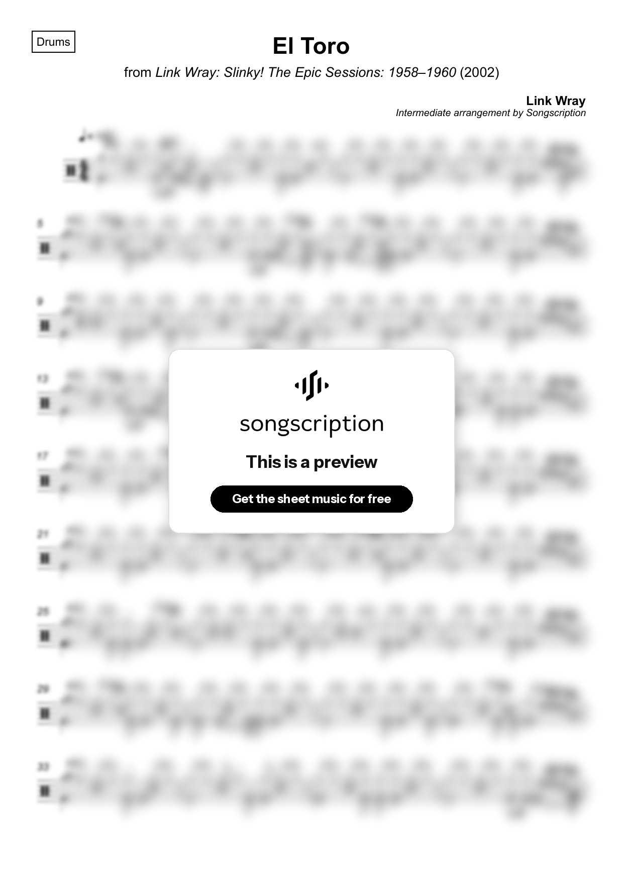 Intermediate Drums Sheet Music for "El Toro" by Link Wray
