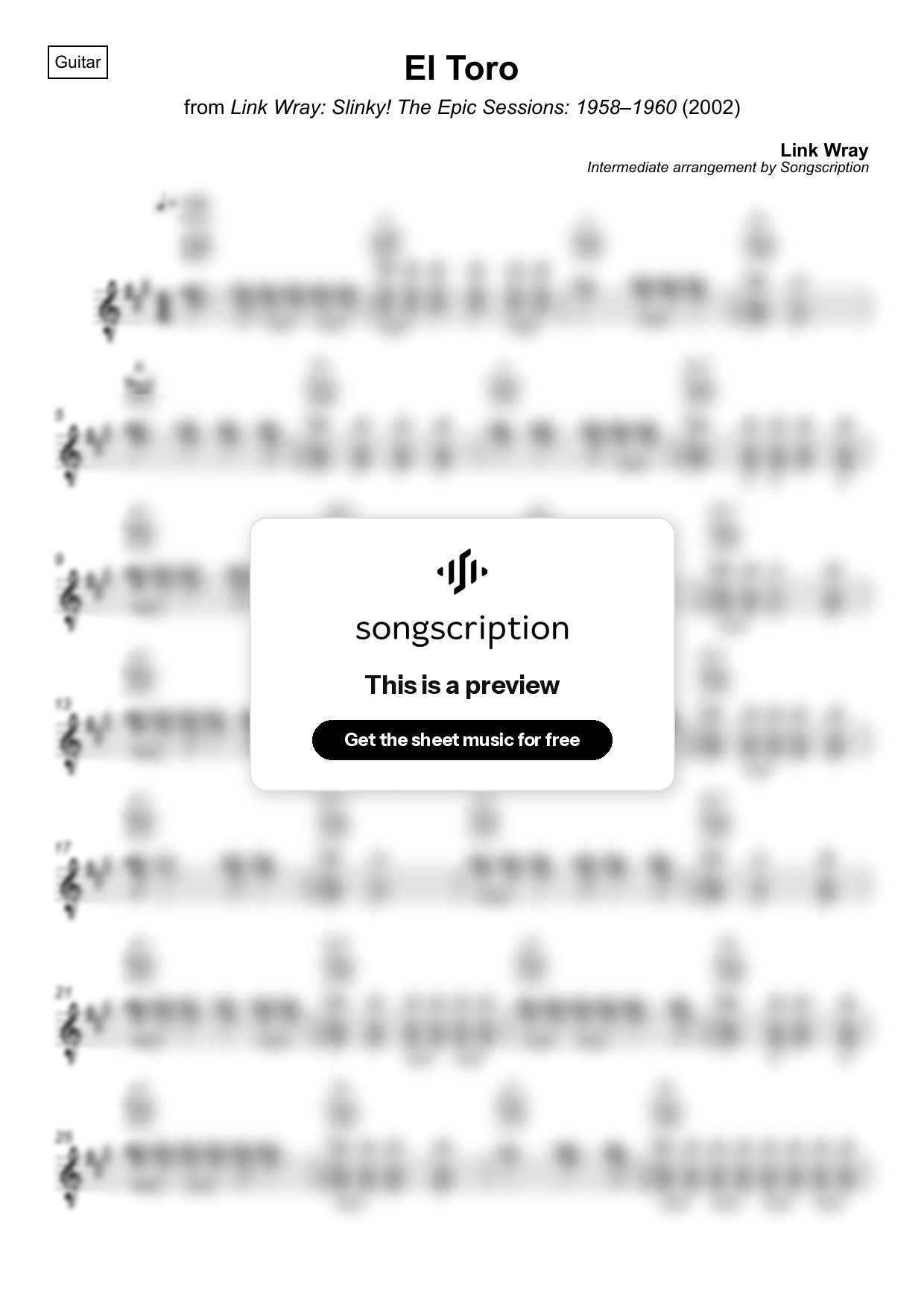 Intermediate Acoustic Guitar Sheet Music for "El Toro" by Link Wray