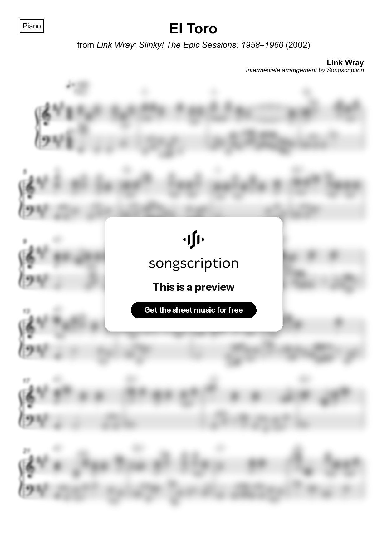 Intermediate Piano Sheet Music for "El Toro" by Link Wray