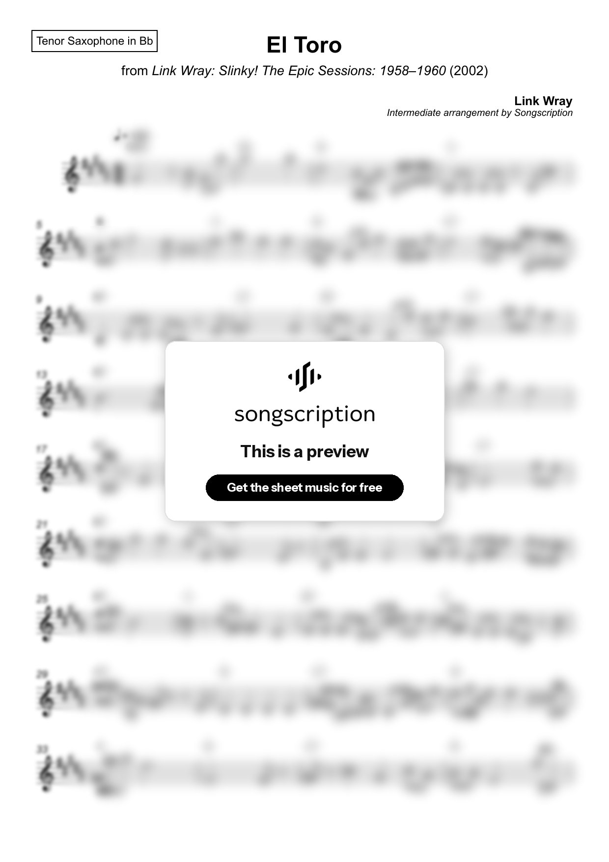 Intermediate Tenor Sax Sheet Music for "El Toro" by Link Wray