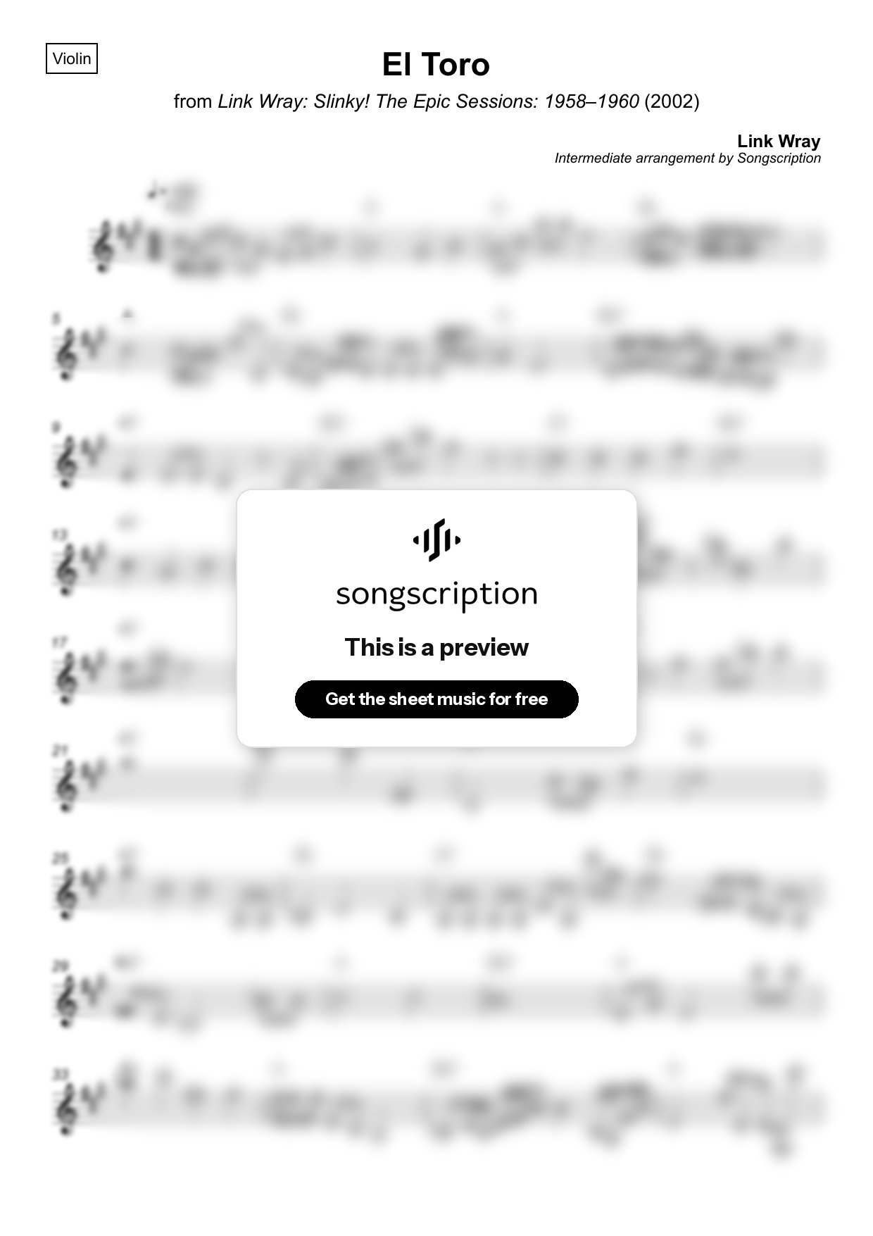 Intermediate Violin Sheet Music for "El Toro" by Link Wray