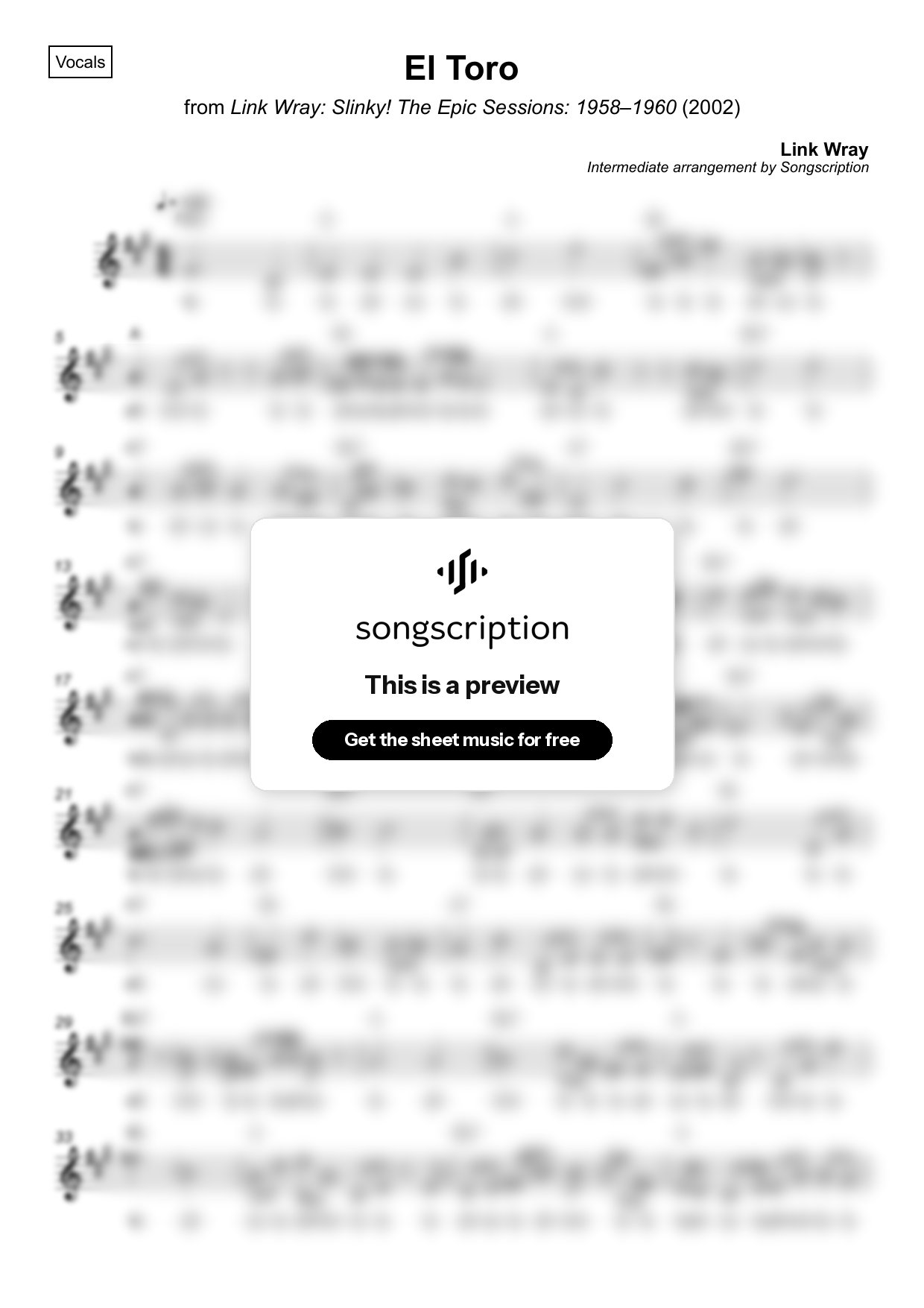 Intermediate Vocals Sheet Music for "El Toro" by Link Wray