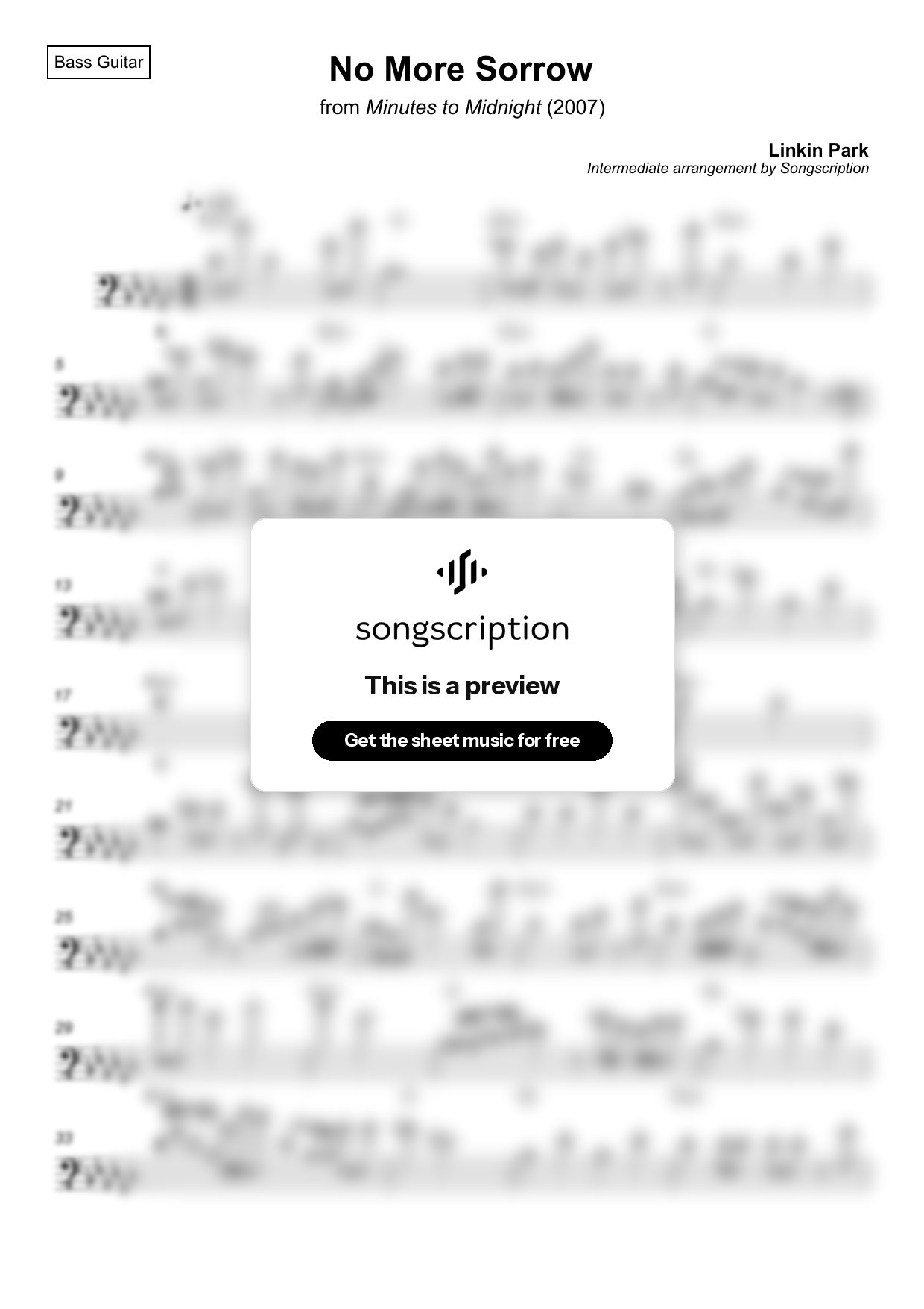 Intermediate Bass Guitar Sheet Music for "No More Sorrow" by Linkin Park