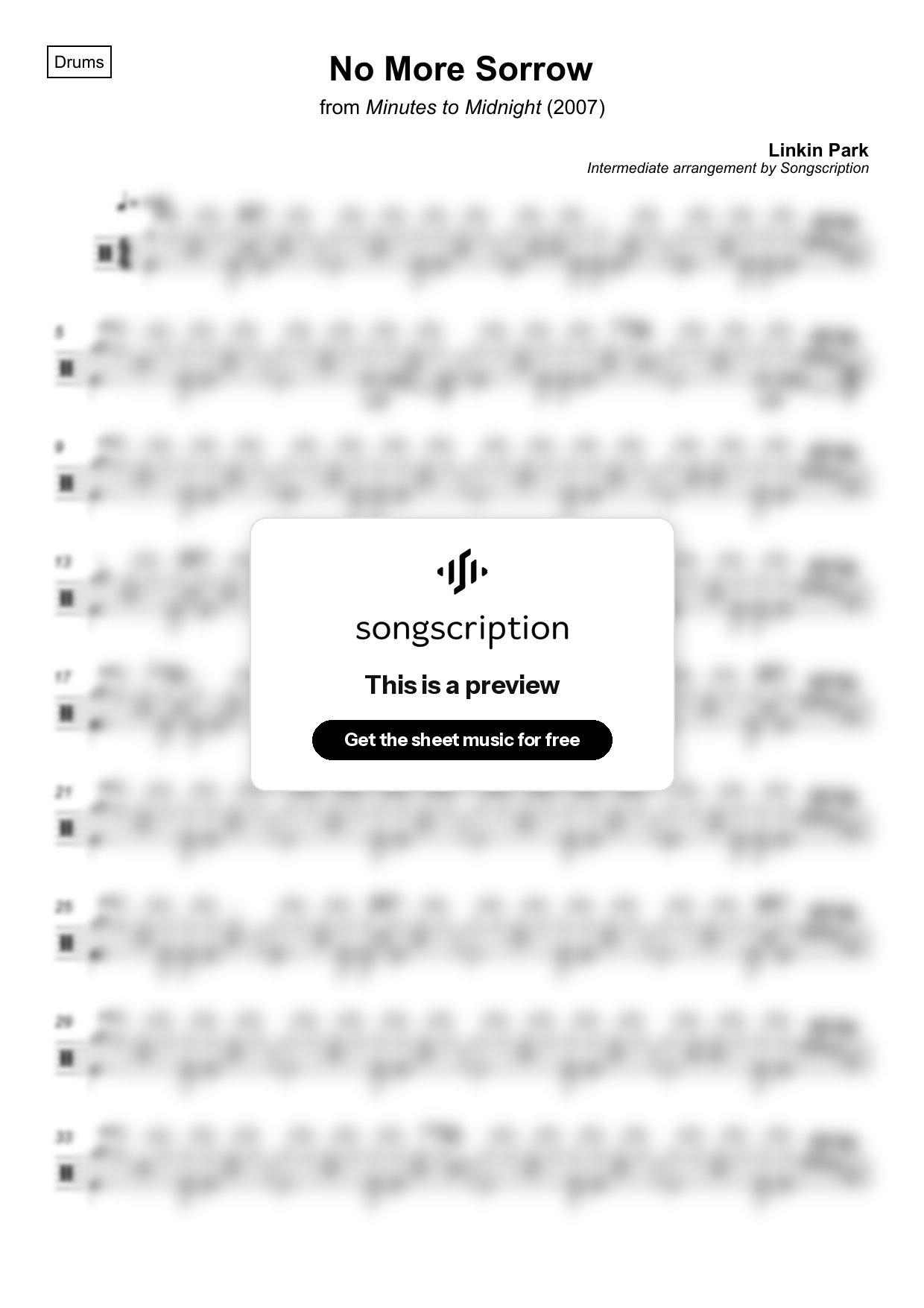 Intermediate Drums Sheet Music for "No More Sorrow" by Linkin Park