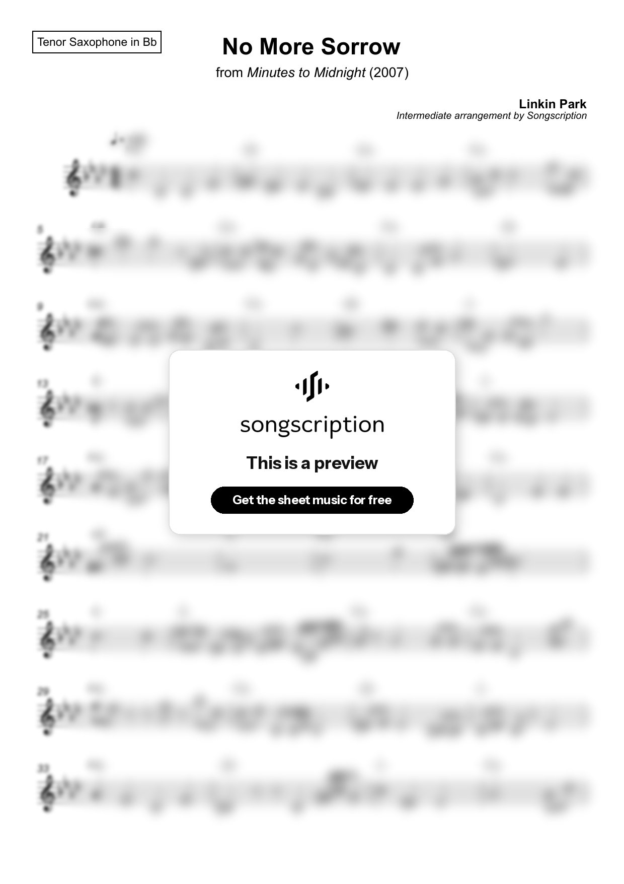 Intermediate Tenor Sax Sheet Music for "No More Sorrow" by Linkin Park