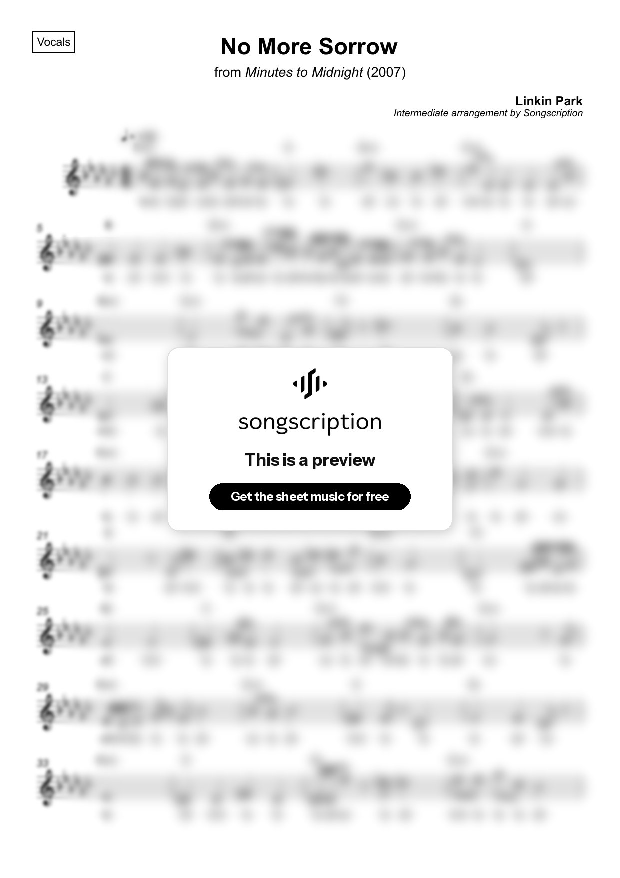 Intermediate Vocals Sheet Music for "No More Sorrow" by Linkin Park