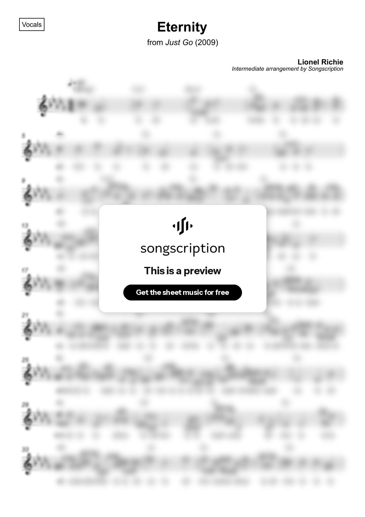 Intermediate Vocals Sheet Music for "Eternity" by Lionel Richie