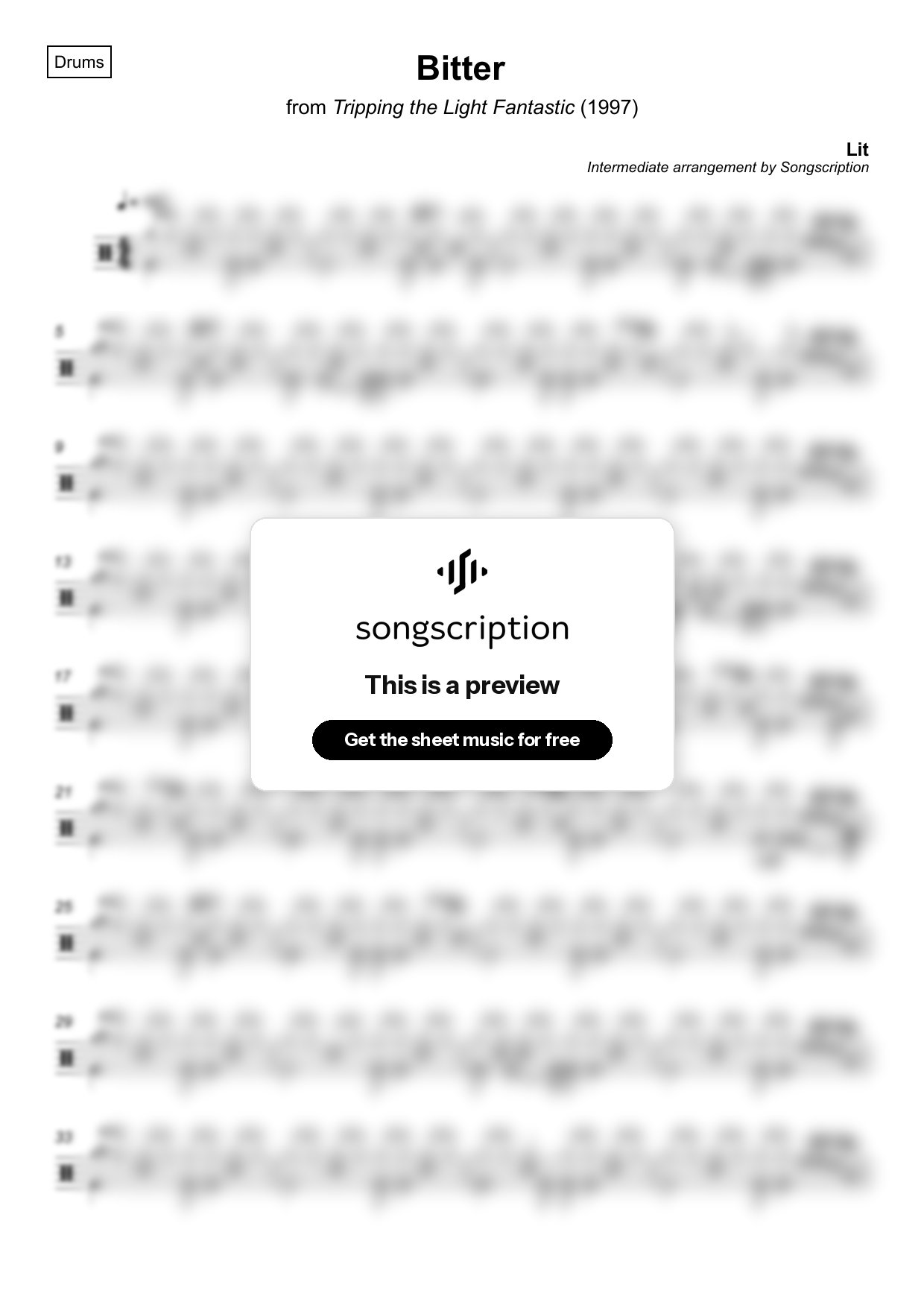 Intermediate Drums Sheet Music for "Bitter" by Lit