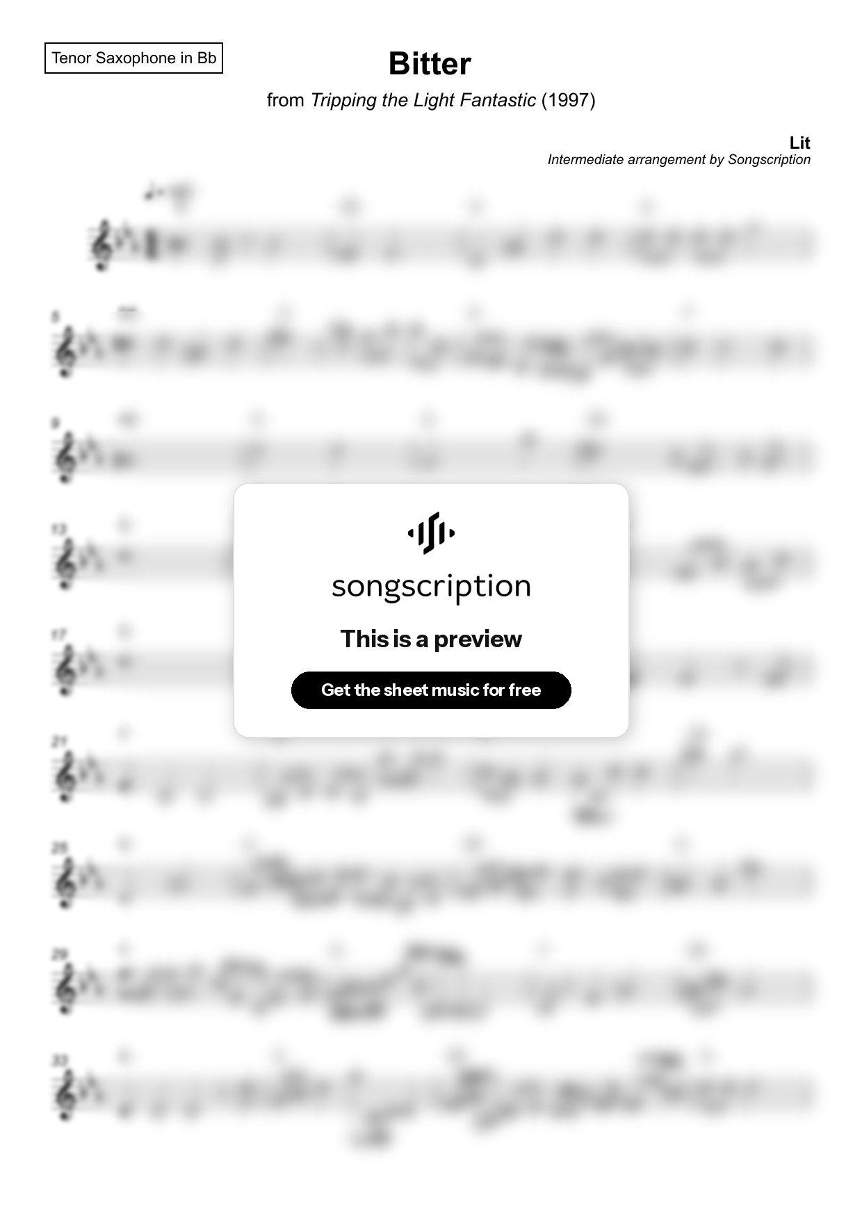 Intermediate Tenor Sax Sheet Music for "Bitter" by Lit