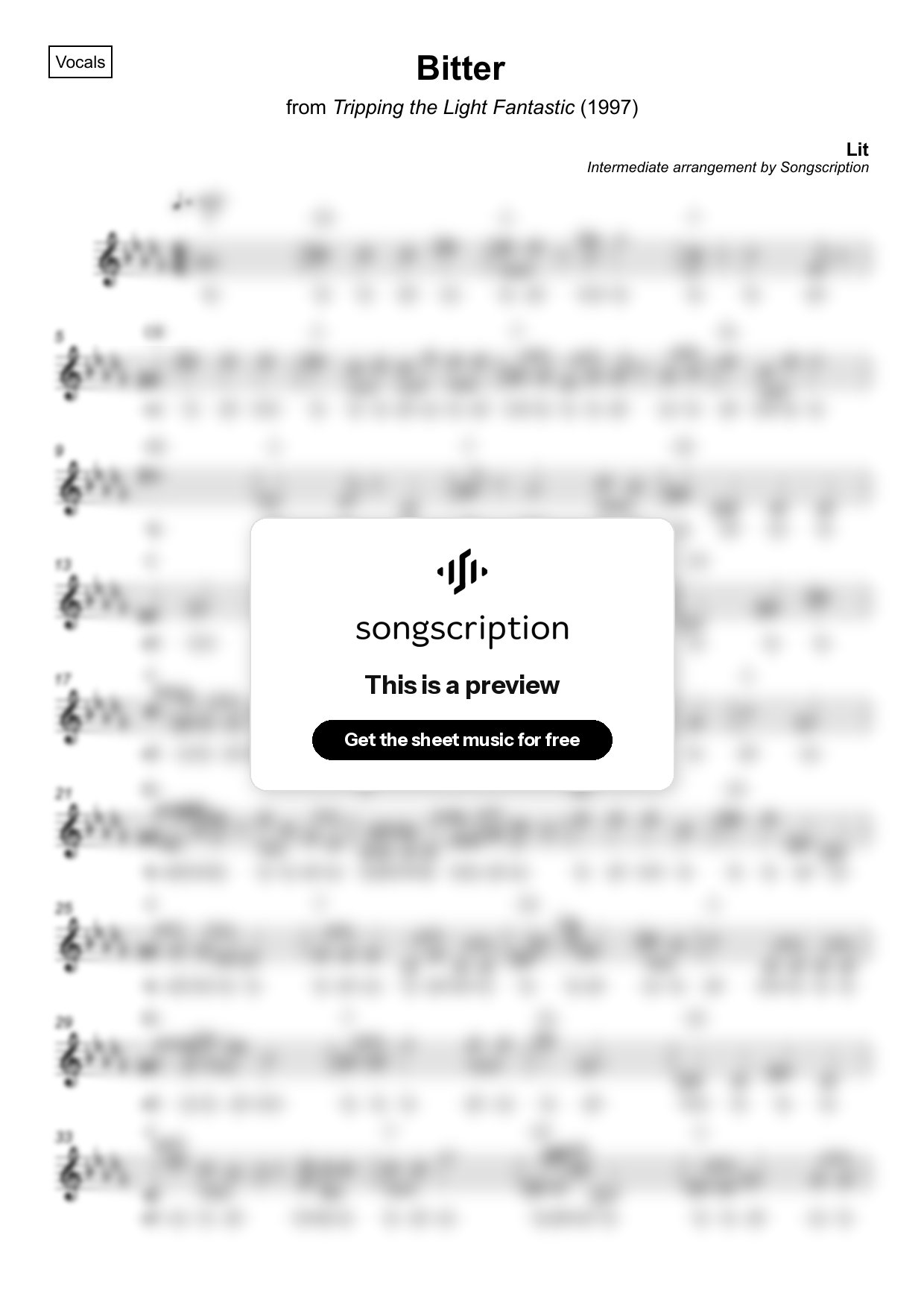 Intermediate Vocals Sheet Music for "Bitter" by Lit