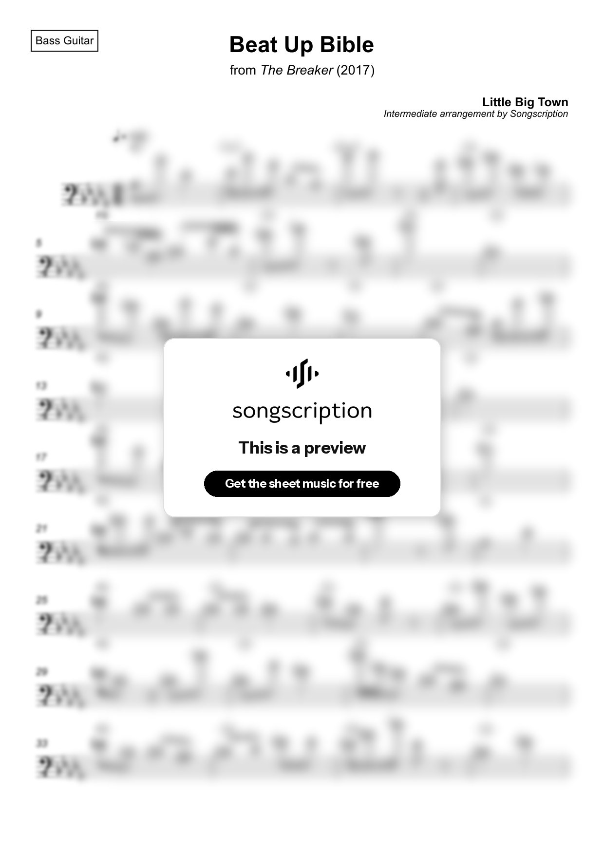 Intermediate Bass Guitar Sheet Music for "Beat Up Bible" by Little Big Town