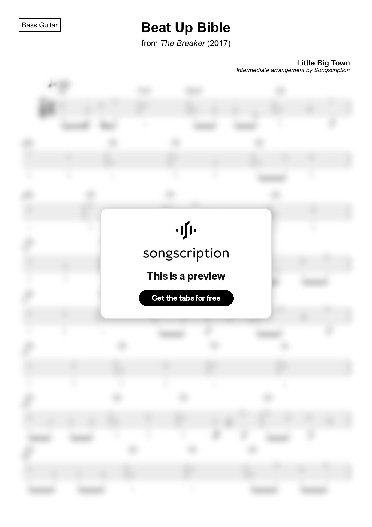 Intermediate Bass Guitar Tabs for "Beat Up Bible" by Little Big Town