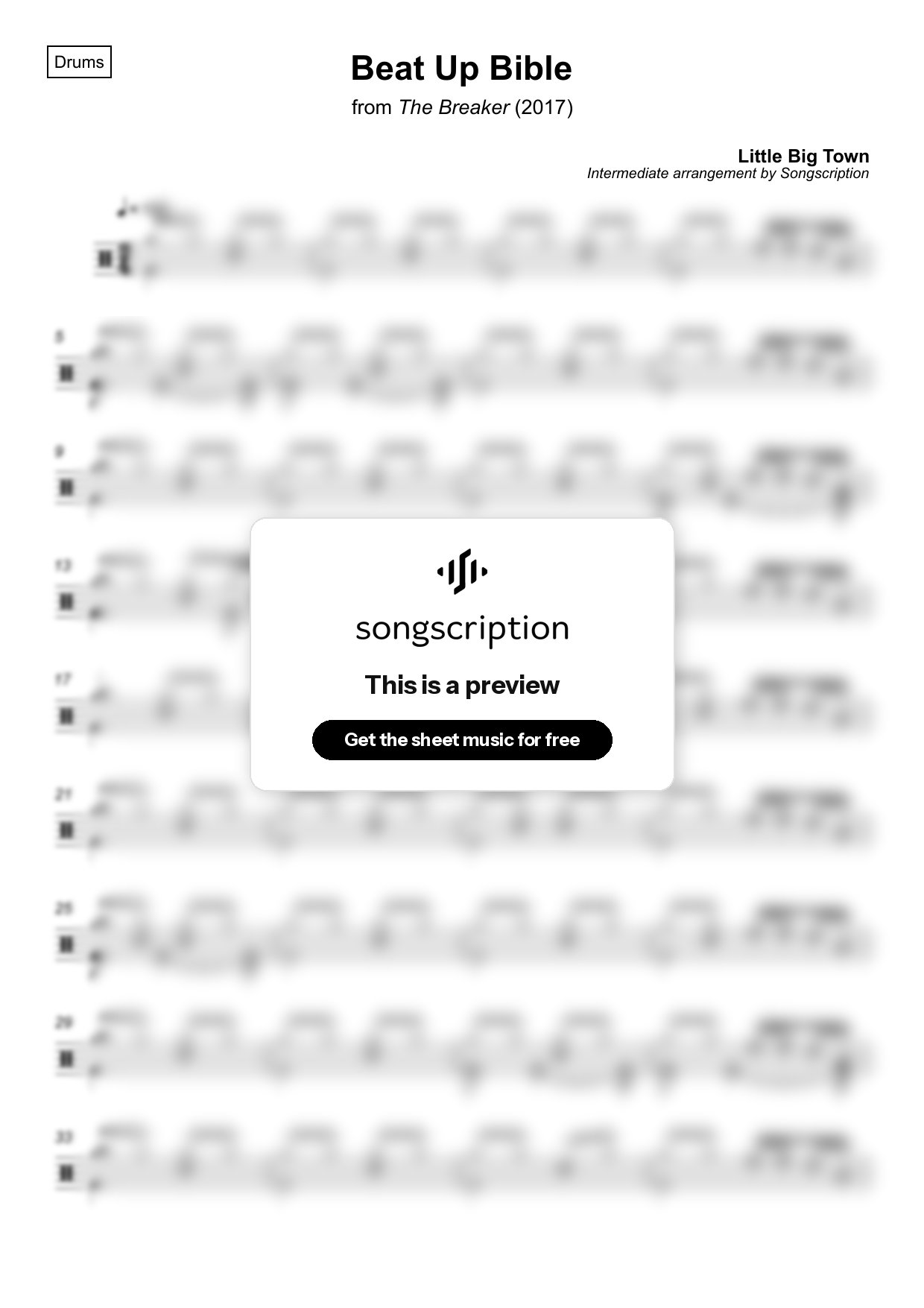 Intermediate Drums Sheet Music for "Beat Up Bible" by Little Big Town