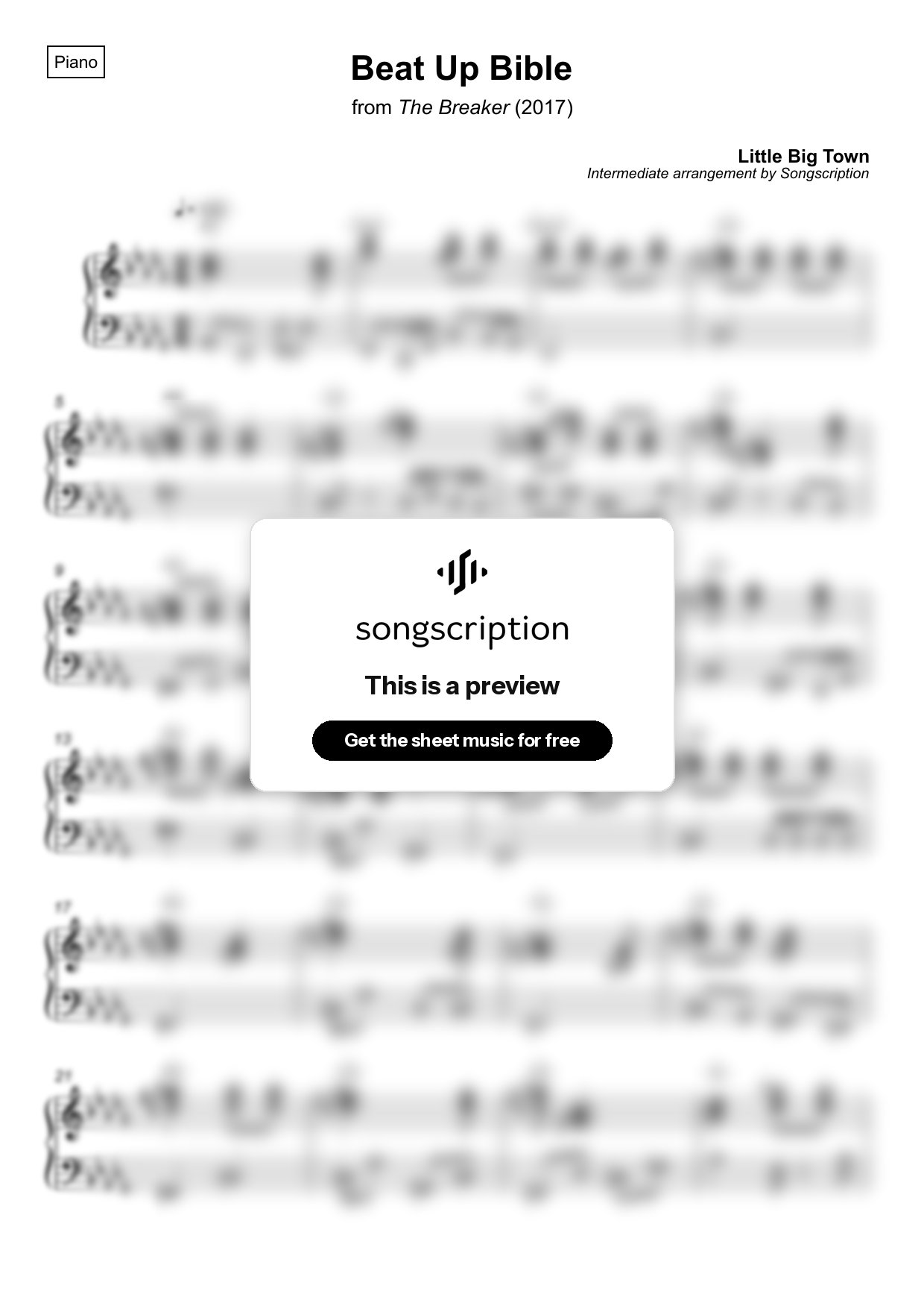 Intermediate Piano Sheet Music for "Beat Up Bible" by Little Big Town