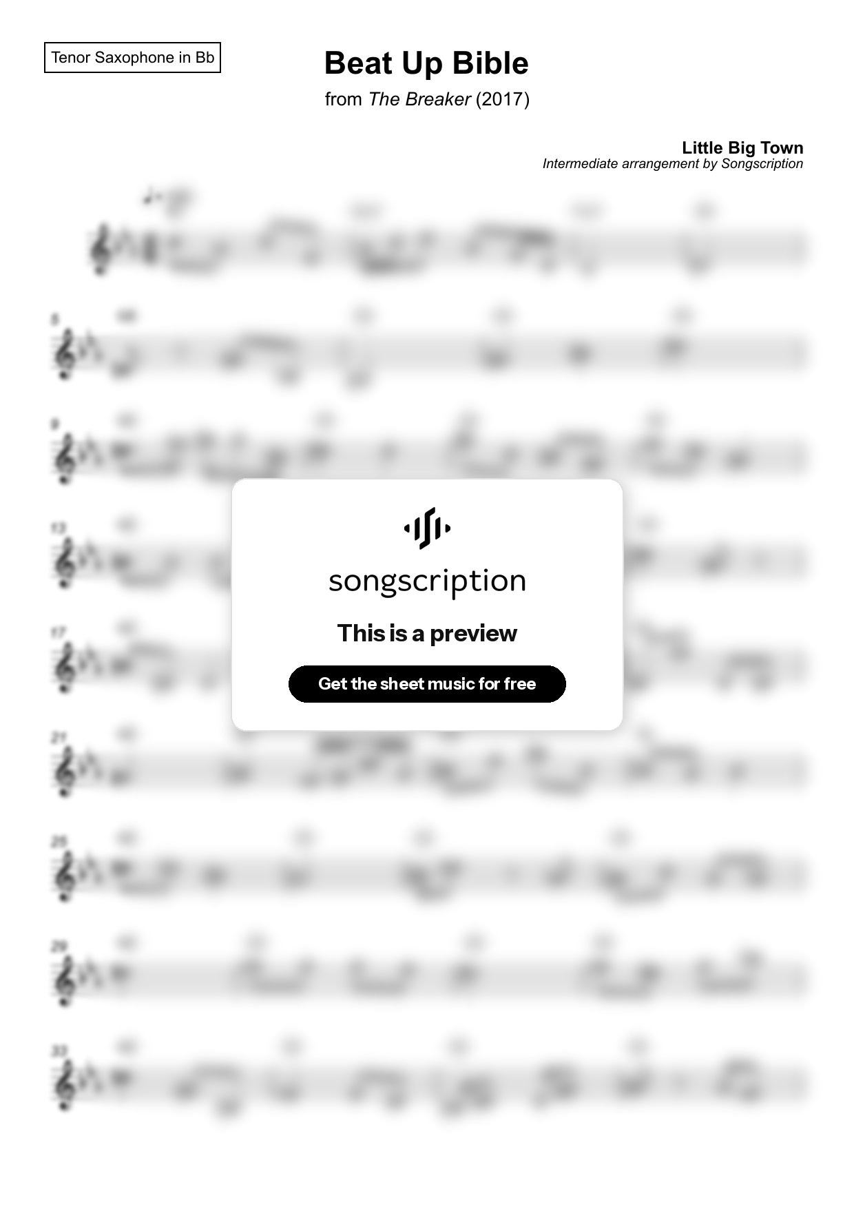 Intermediate Tenor Sax Sheet Music for "Beat Up Bible" by Little Big Town