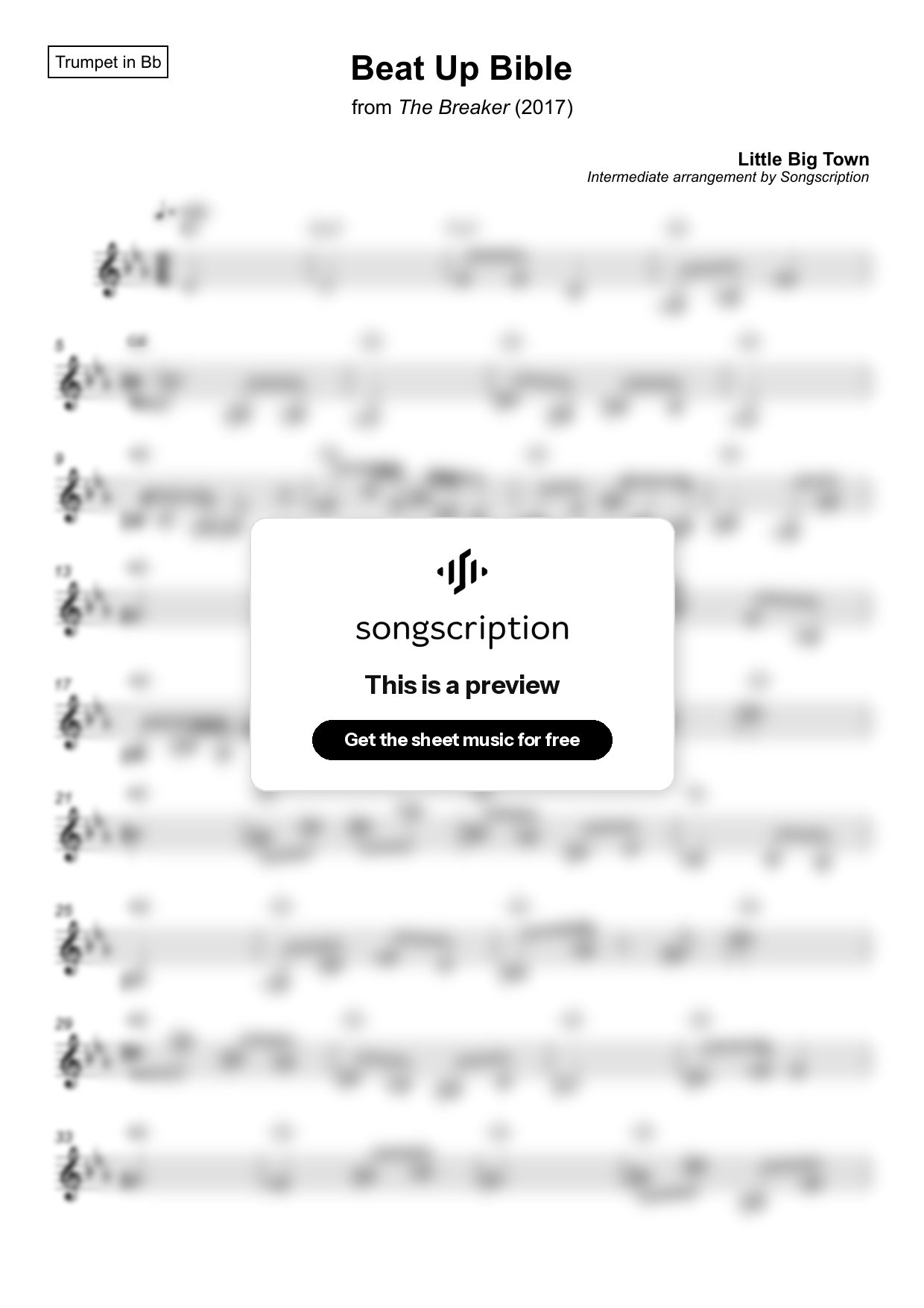 Intermediate Trumpet Sheet Music for "Beat Up Bible" by Little Big Town