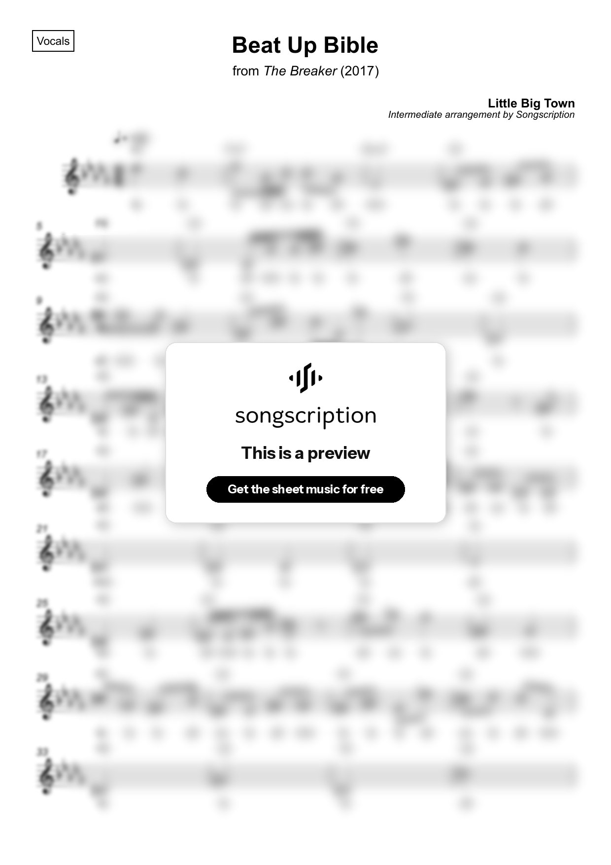 Intermediate Vocals Sheet Music for "Beat Up Bible" by Little Big Town
