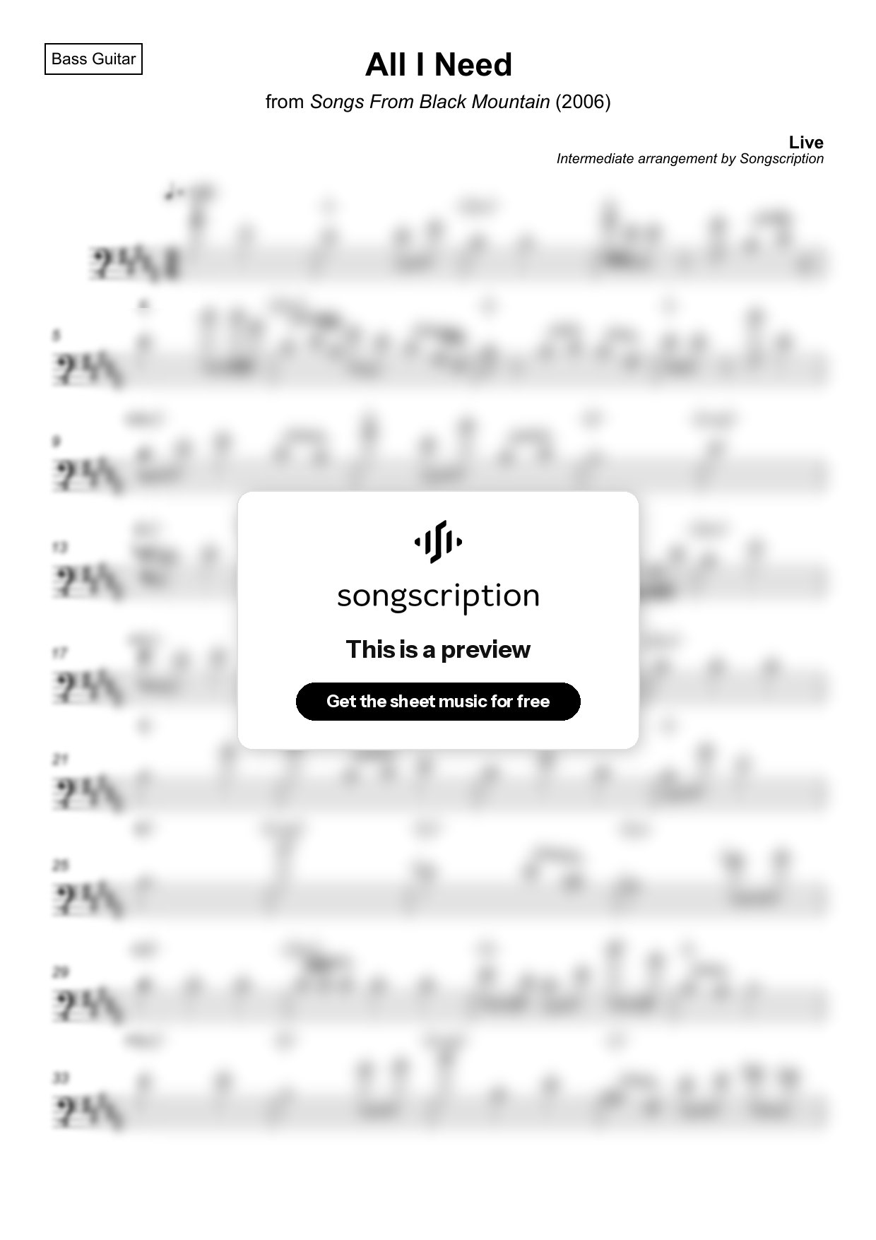 Intermediate Bass Guitar Sheet Music for "All I Need" by Live