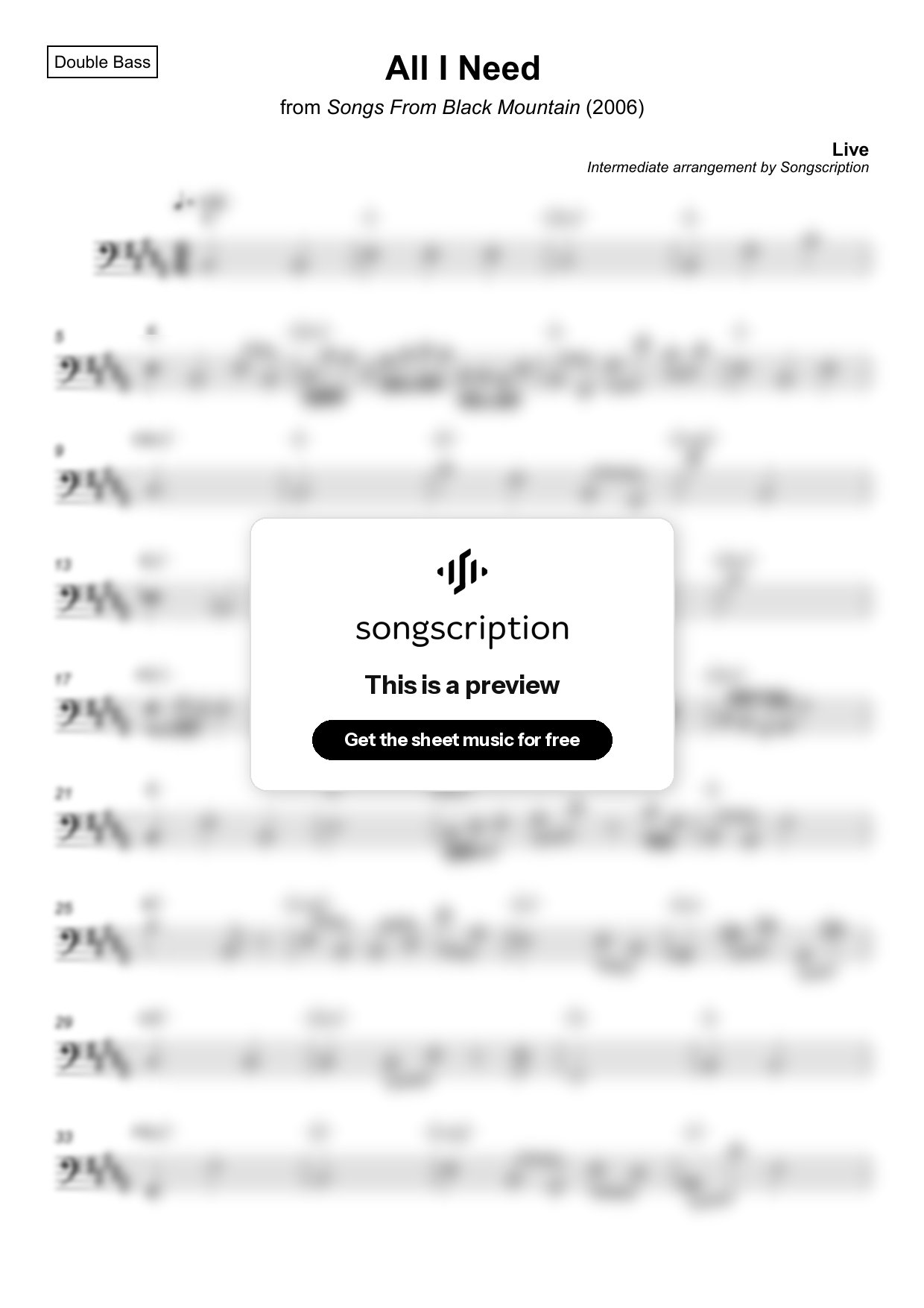 Intermediate Double Bass Sheet Music for "All I Need" by Live