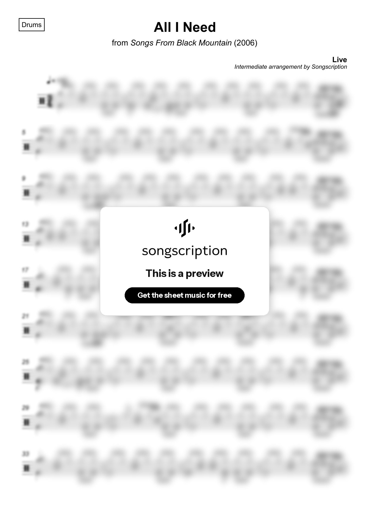 Intermediate Drums Sheet Music for "All I Need" by Live