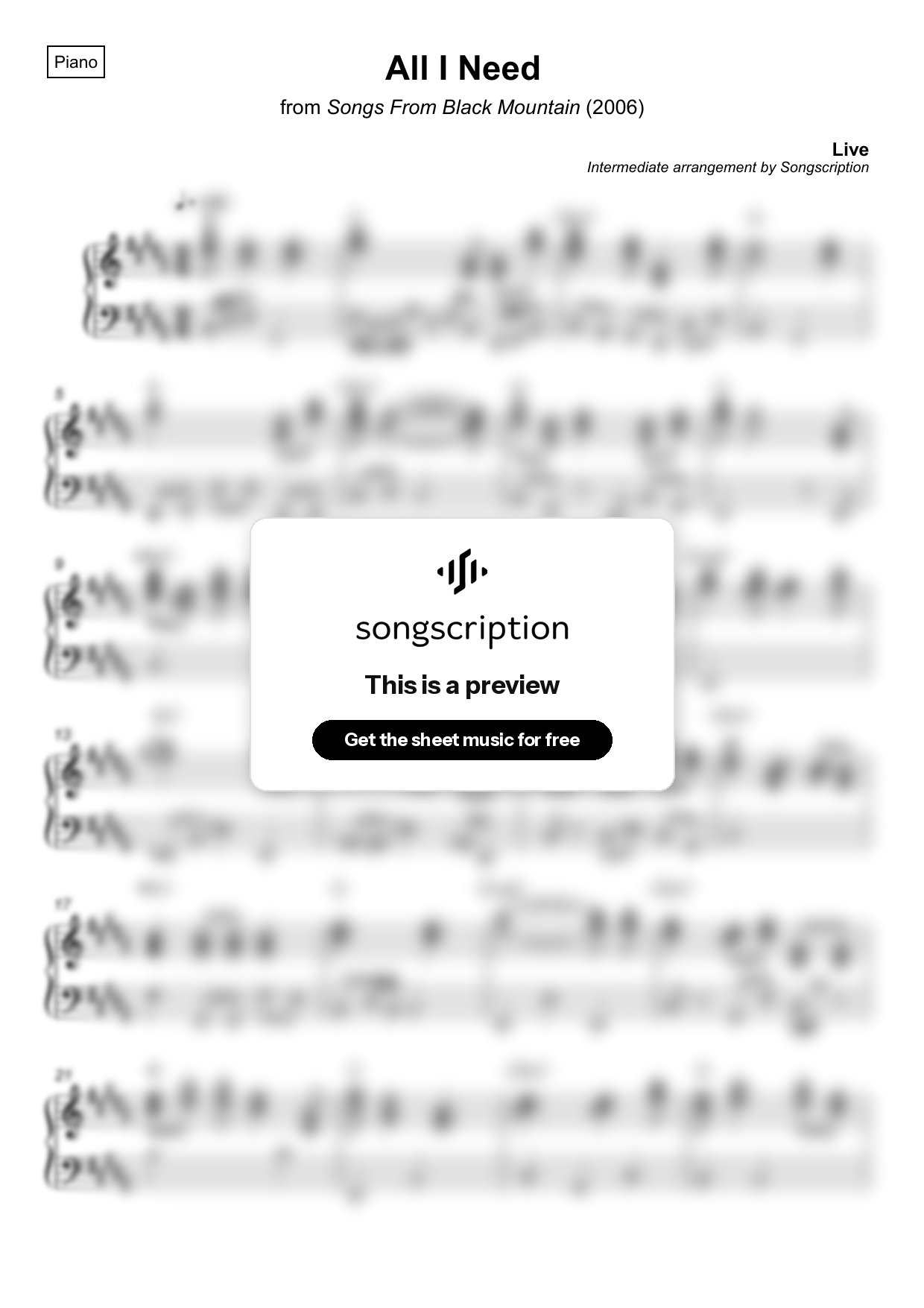 Intermediate Piano Sheet Music for "All I Need" by Live