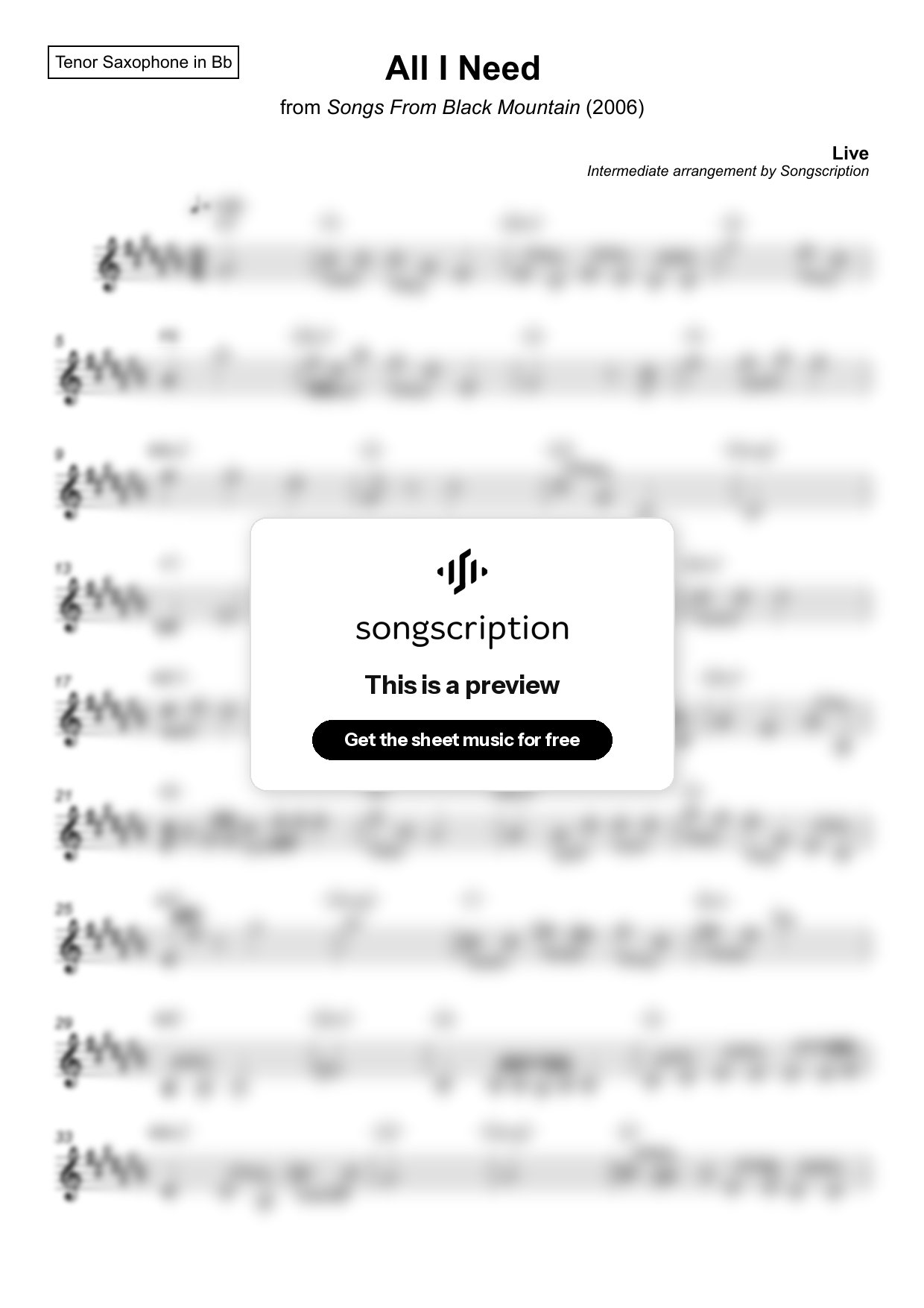Intermediate Tenor Sax Sheet Music for "All I Need" by Live