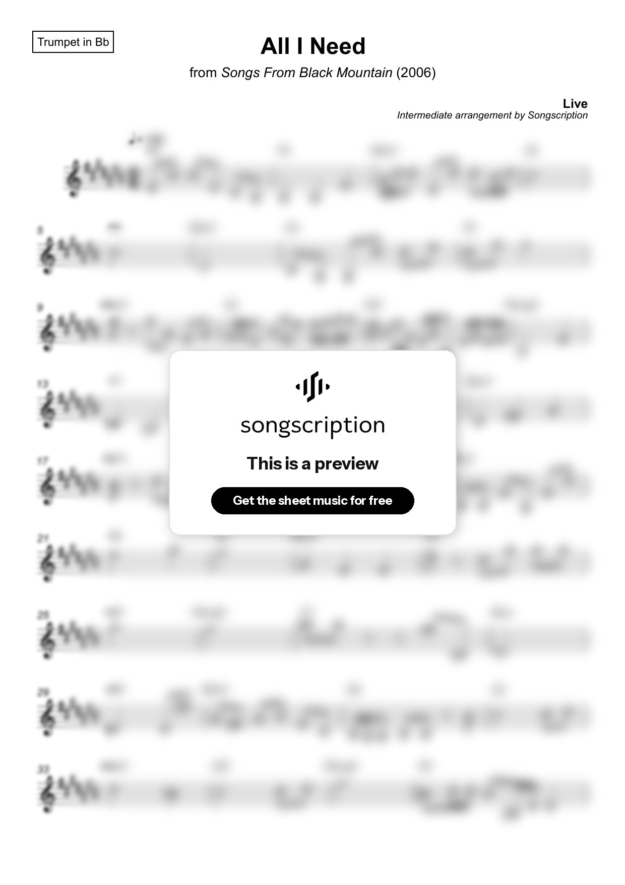 Intermediate Trumpet Sheet Music for "All I Need" by Live
