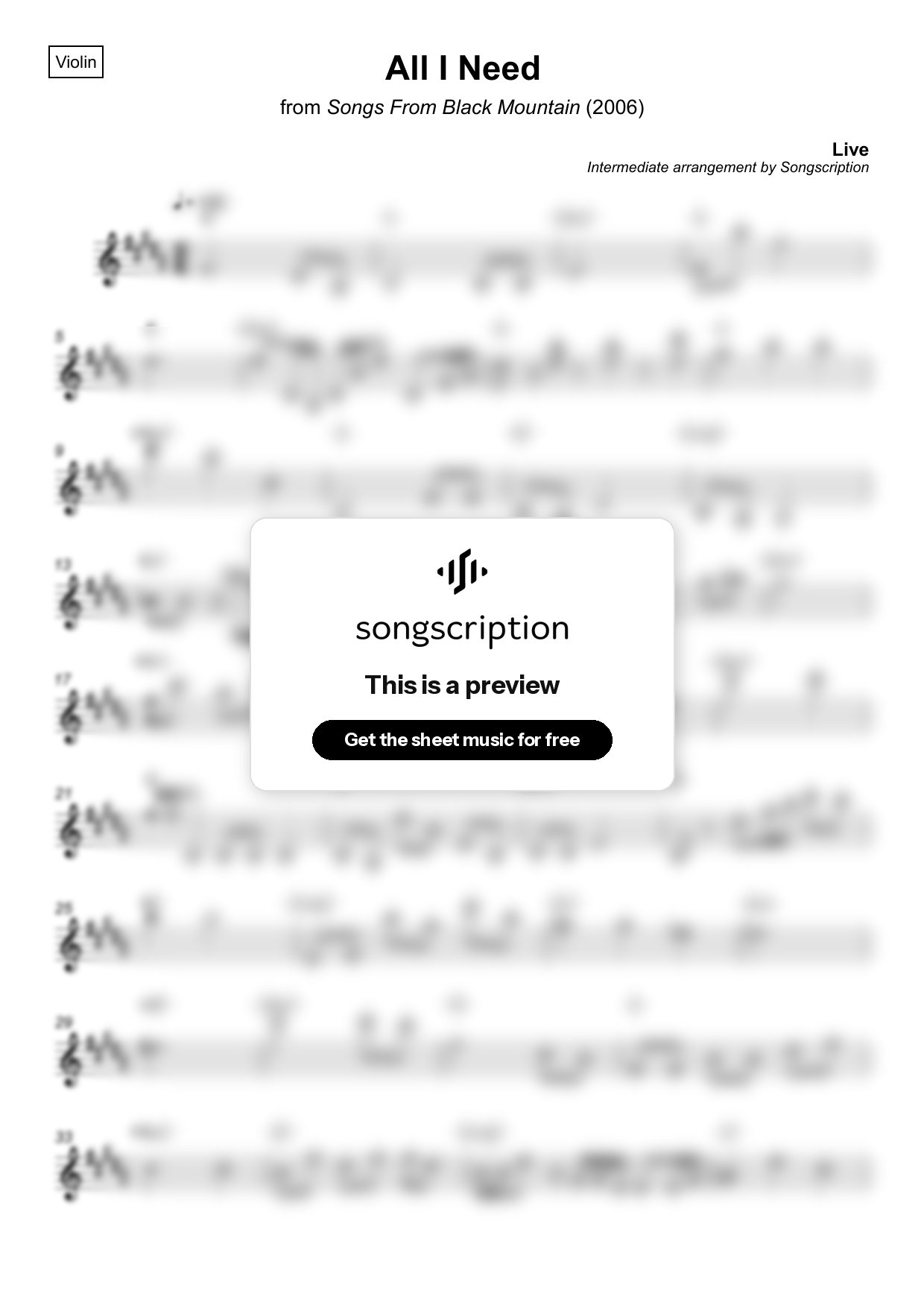 Intermediate Violin Sheet Music for "All I Need" by Live