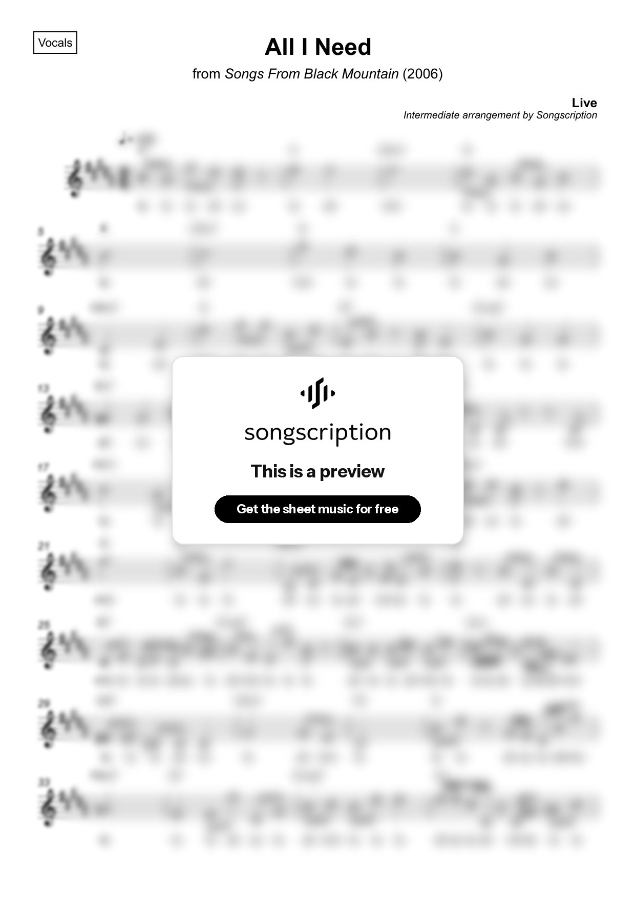 Intermediate Vocals Sheet Music for "All I Need" by Live