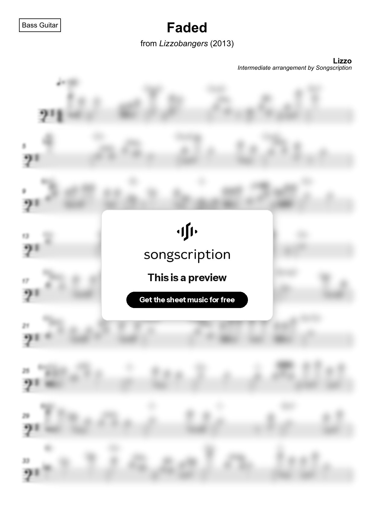 Intermediate Bass Guitar Sheet Music for "Faded" by Lizzo
