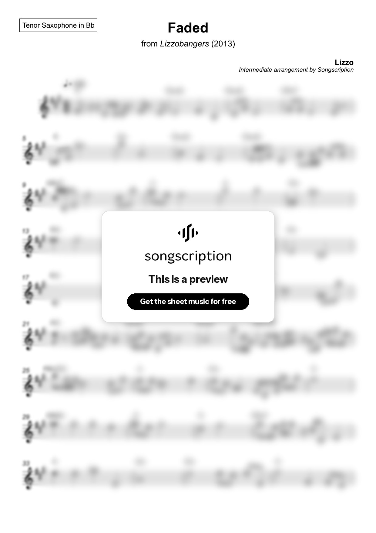 Intermediate Tenor Sax Sheet Music for "Faded" by Lizzo