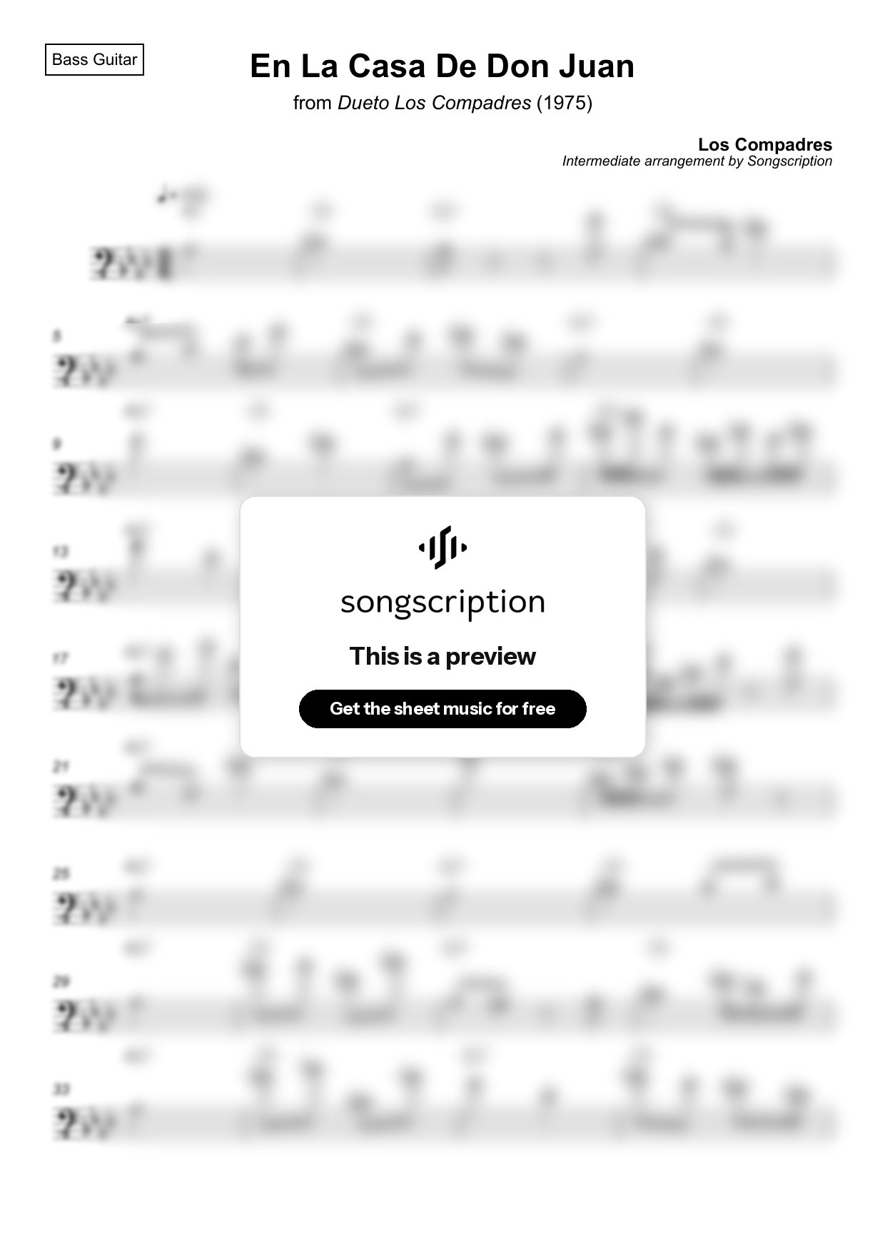 Intermediate Bass Guitar Sheet Music for "En La Casa De Don Juan" by Los Compadres