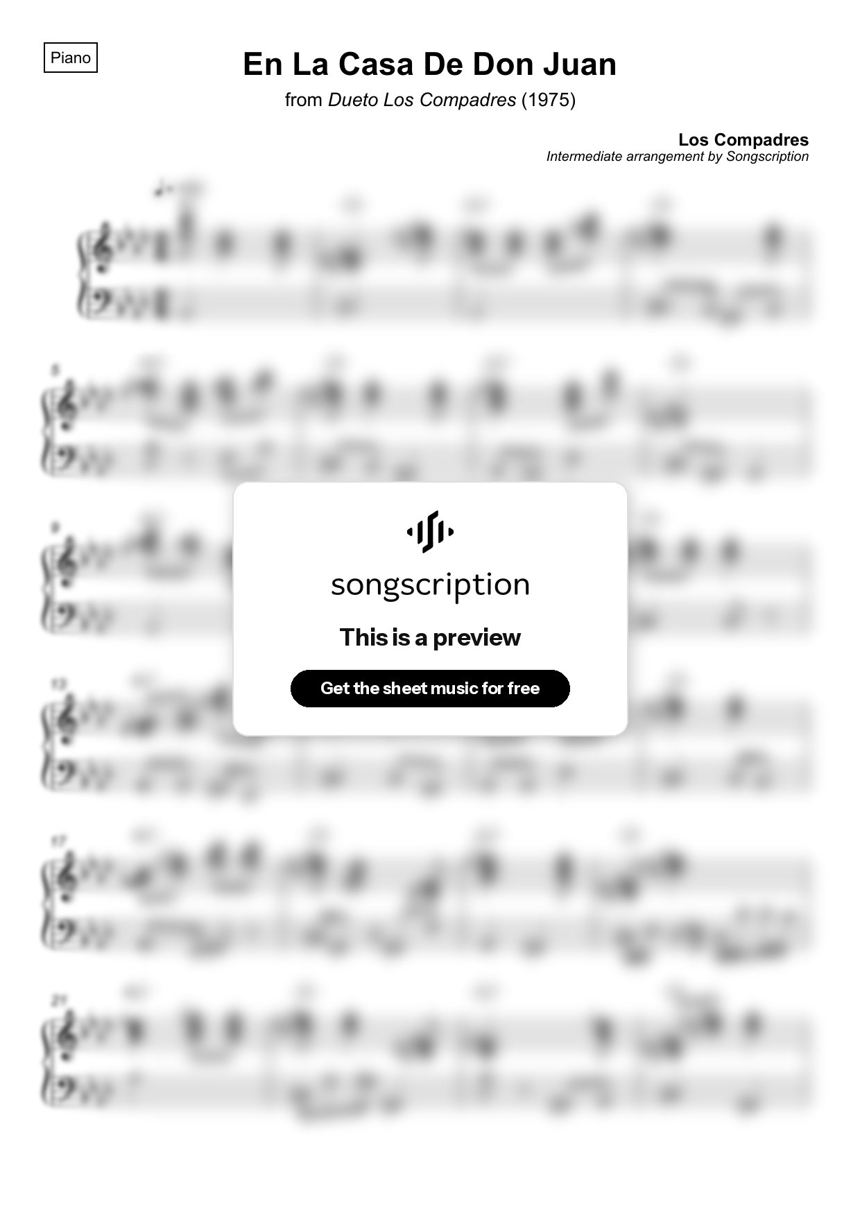 Intermediate Piano Sheet Music for "En La Casa De Don Juan" by Los Compadres