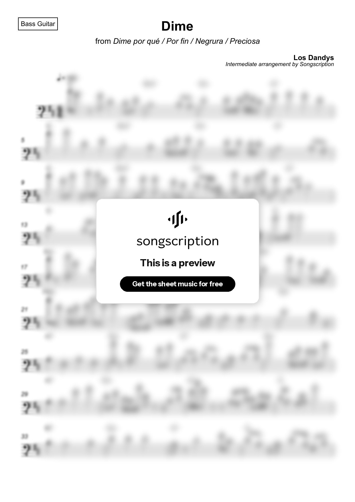 Intermediate Bass Guitar Sheet Music for "Dime" by Los Dandys
