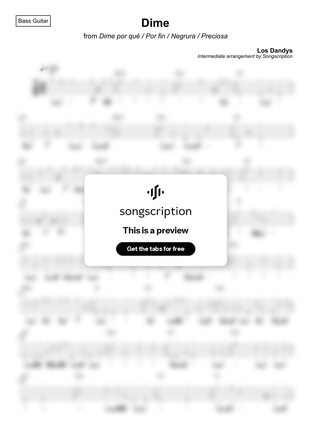 Intermediate Bass Guitar Tabs for "Dime" by Los Dandys