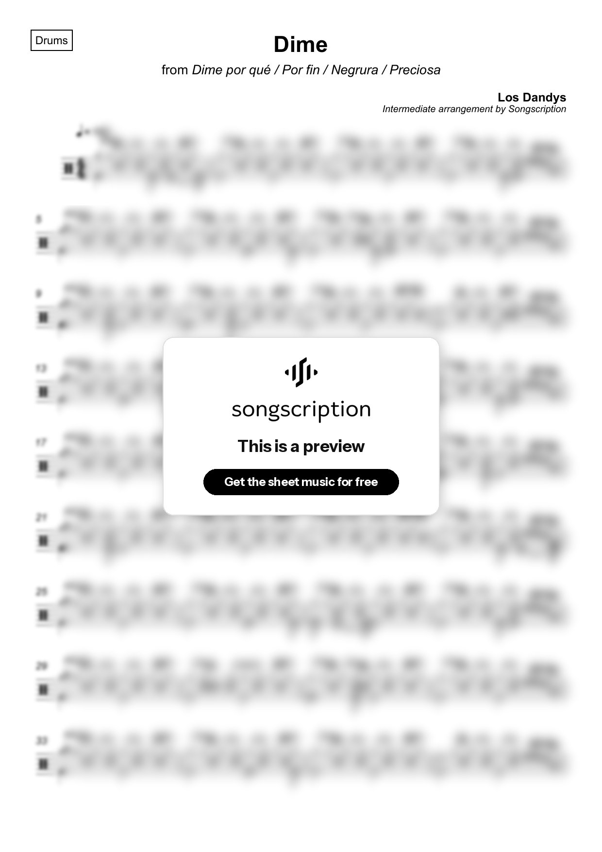 Intermediate Drums Sheet Music for "Dime" by Los Dandys