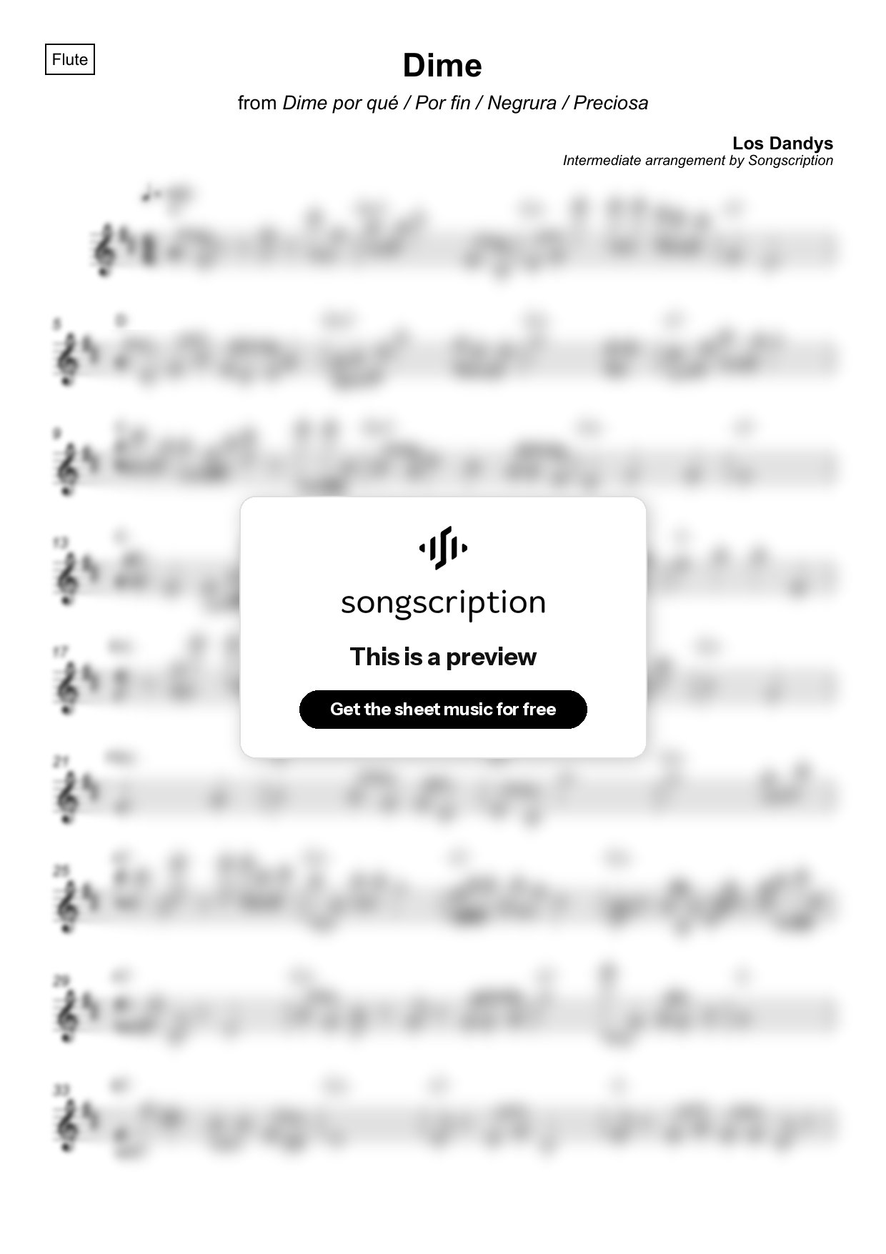 Intermediate Flute Sheet Music for "Dime" by Los Dandys