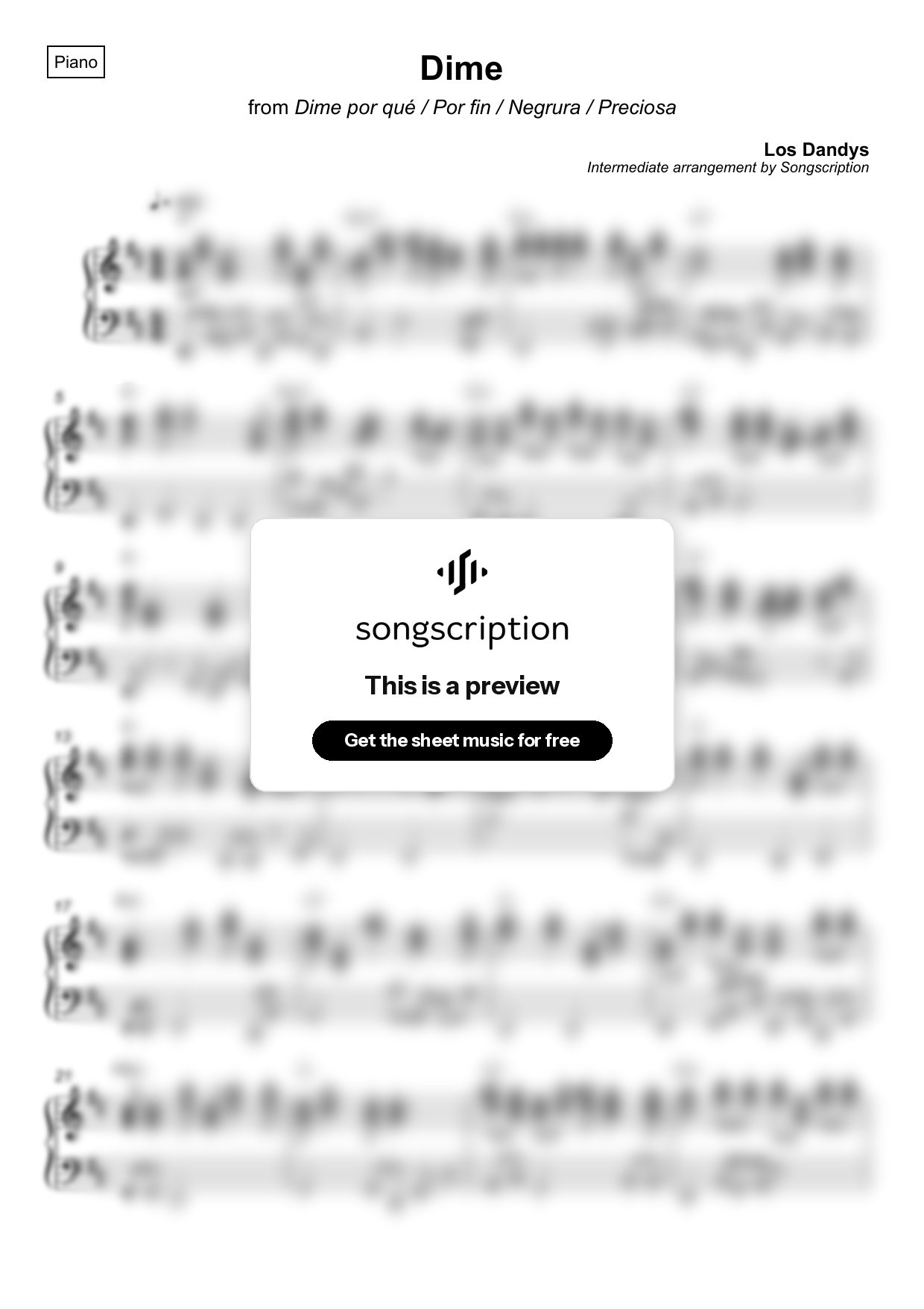 Intermediate Piano Sheet Music for "Dime" by Los Dandys