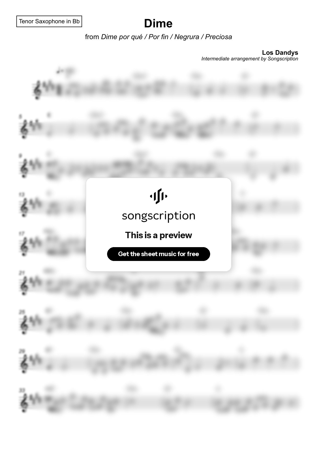 Intermediate Tenor Sax Sheet Music for "Dime" by Los Dandys