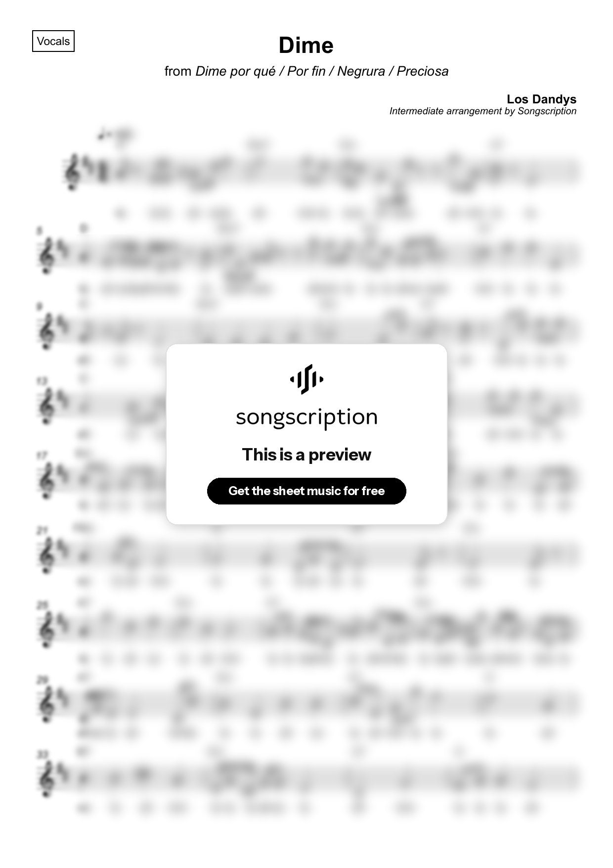 Intermediate Vocals Sheet Music for "Dime" by Los Dandys