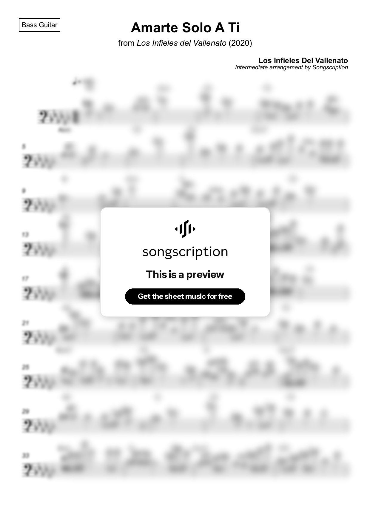 Intermediate Bass Guitar Sheet Music for "Amarte Solo A Ti" by Los Infieles Del Vallenato