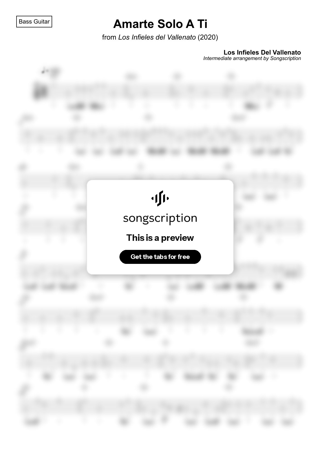 Intermediate Bass Guitar Tabs for "Amarte Solo A Ti" by Los Infieles Del Vallenato